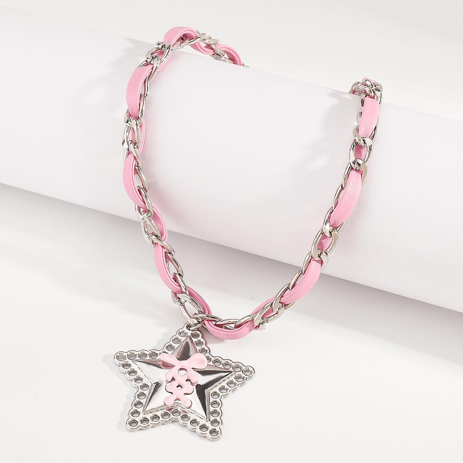 Nojess Pink Choker for Women Silver Star Y2k Necklace Bow Leather Choker Valentines Day Christmas Party Wedding Prom Jewelry Gift image 4