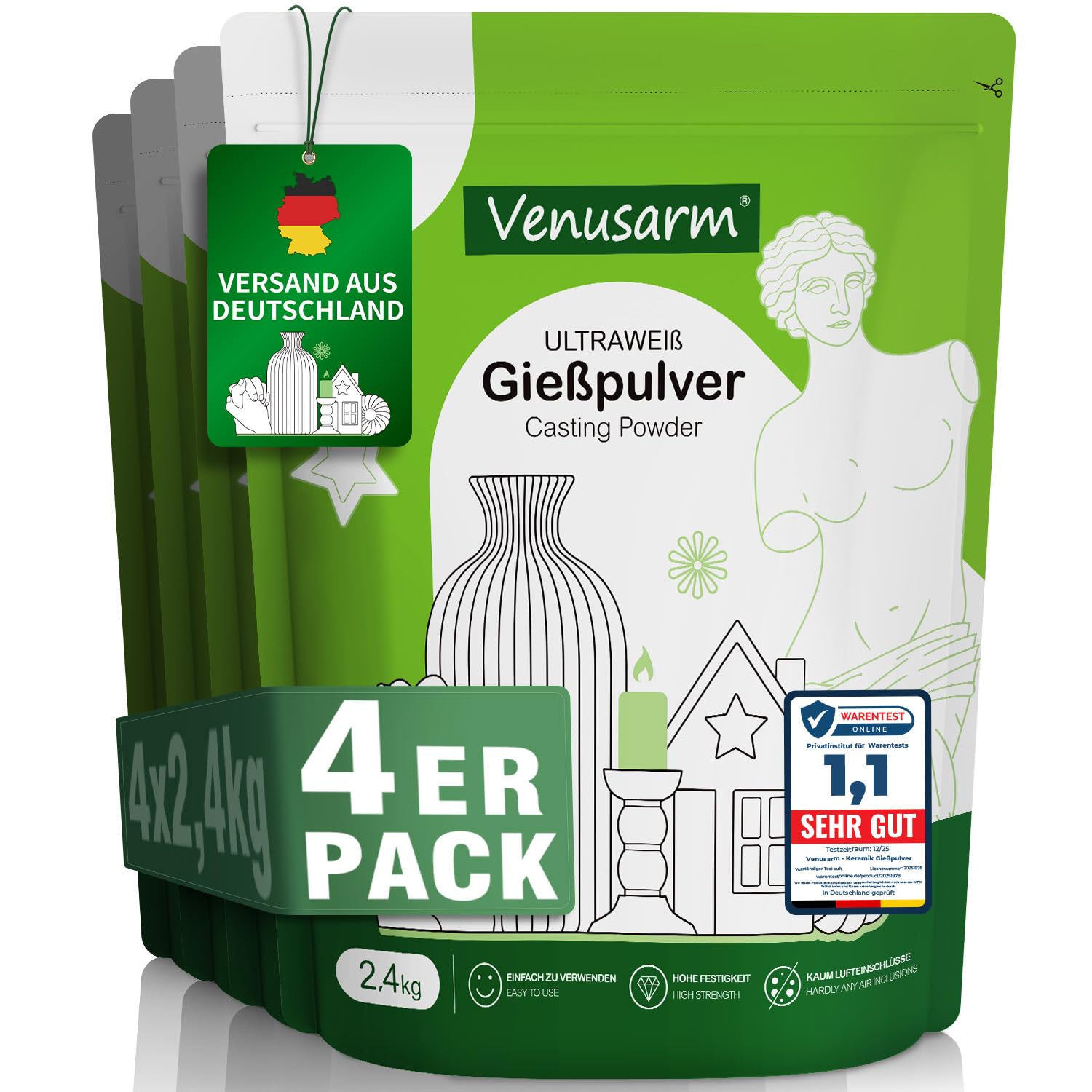 Keramik Gießpulver Weiß 9,6kg [TESTSIEGER], [STANDARDPACK] Gips zum Gießen Natürlicher,Reliefgießpulver,Lufthärtend und Geruchslos,Giesspulver Weiss für Silikonformen Gießformen,Gießmasse Weiß Ultra