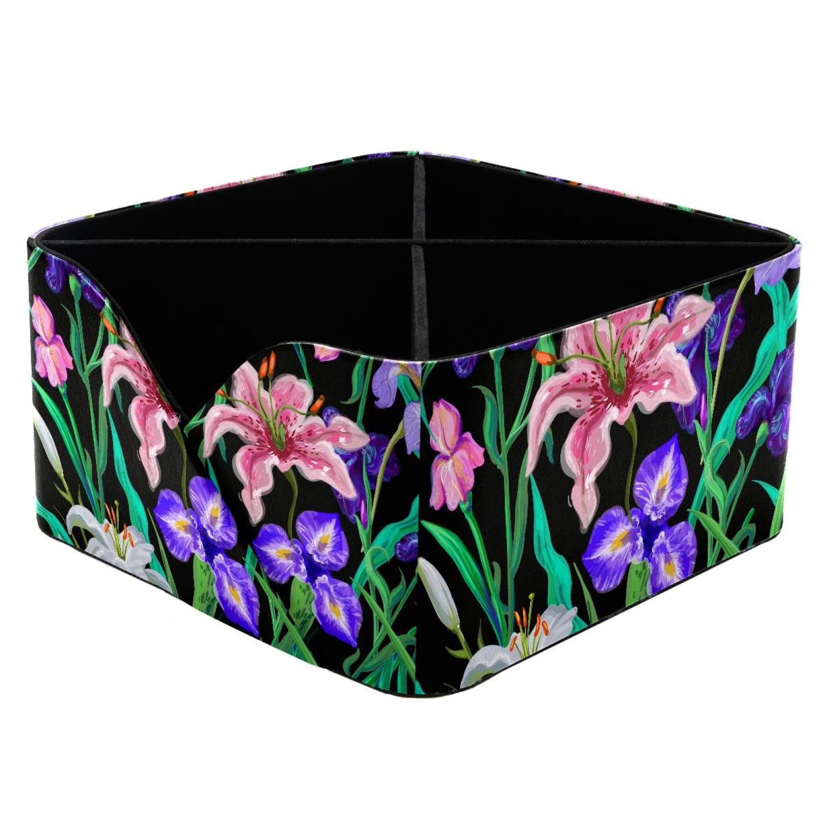 KengjuTesu Flowers Iris Lily Pattern Desktop Organizer Pen Holder, Rectangular Pencil Cup for Office, Study and Makeup Stations