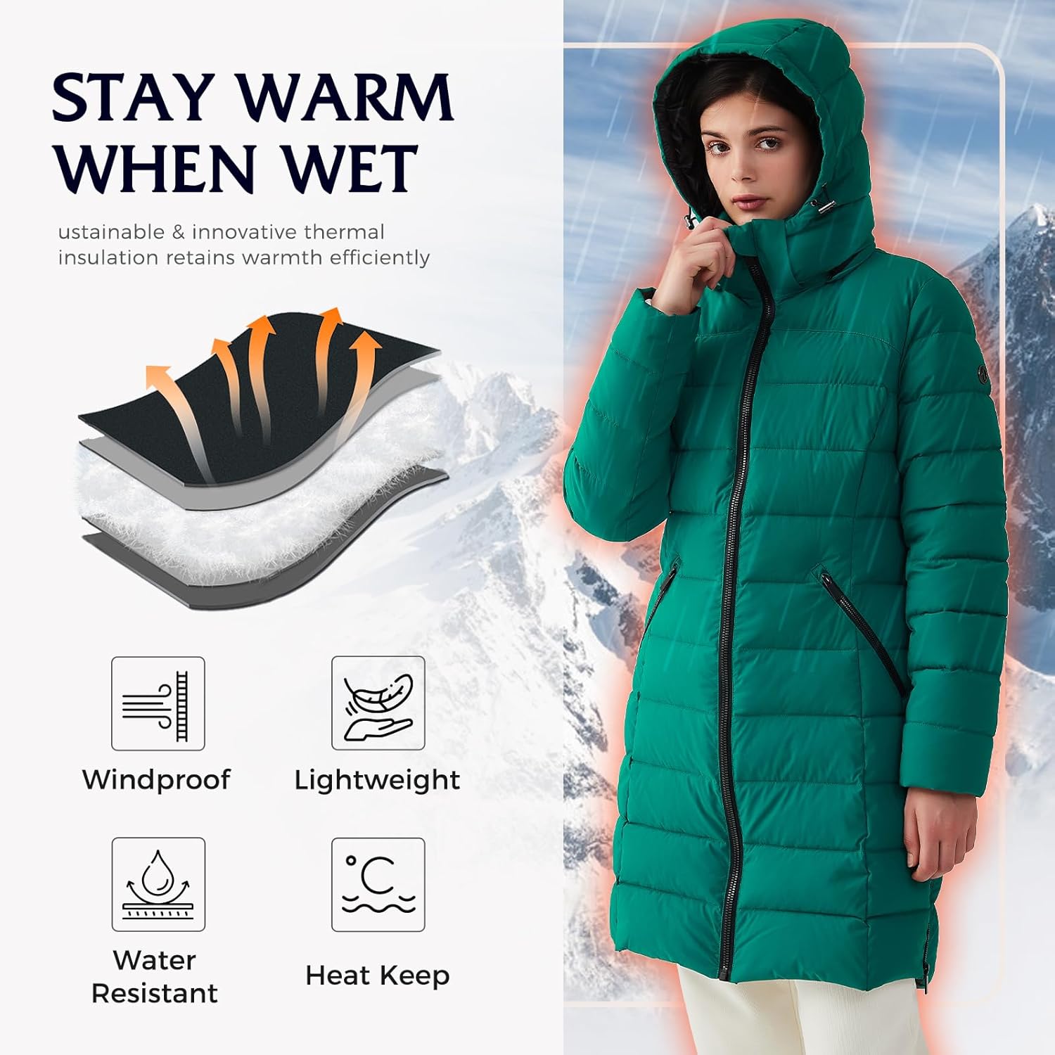 IKAZZ Women's Winter Warm Coat Packable Long Hooded Outwear Vegan Down Parka Jacket - Image 5