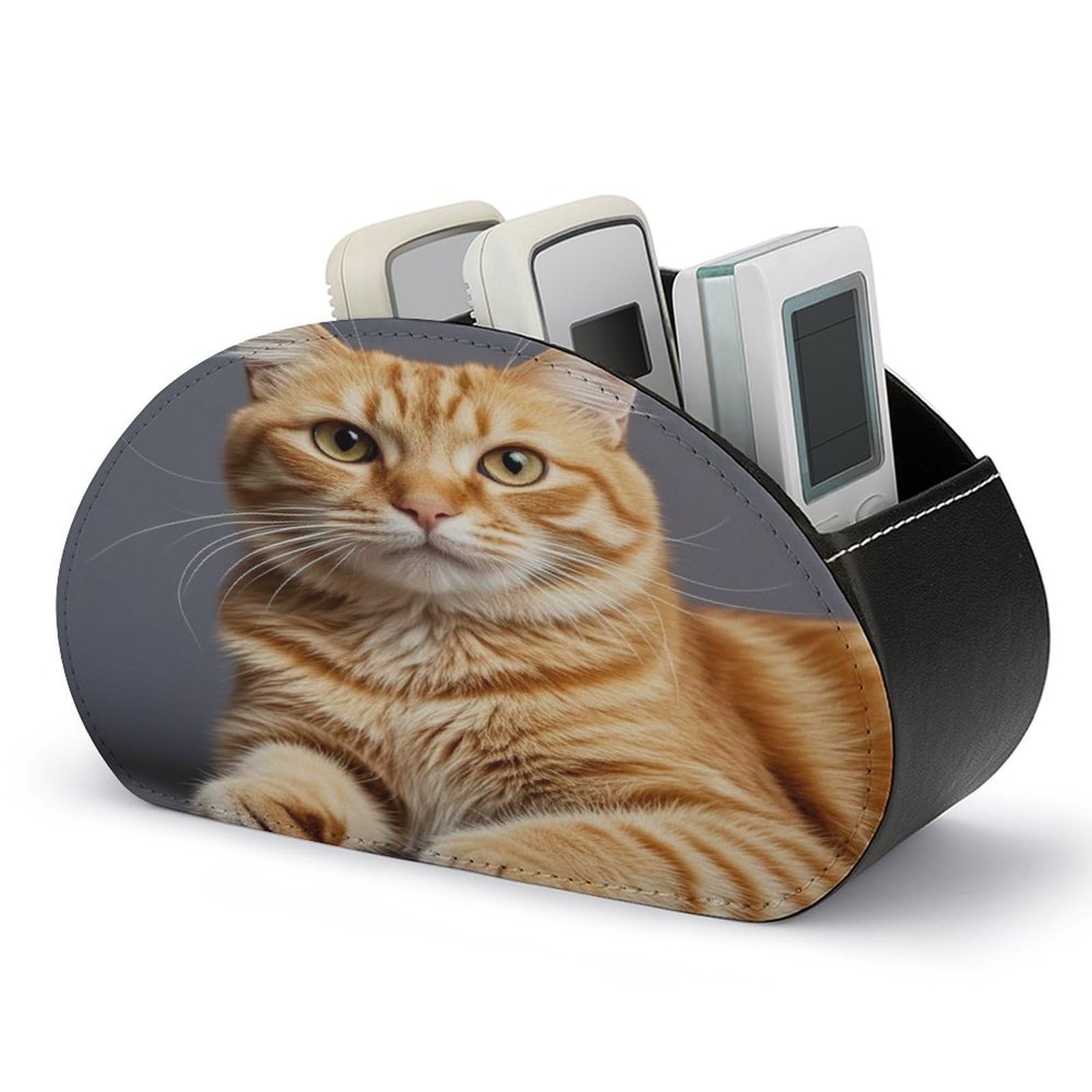 FekiLoot Leather TV Remote Control Holder with 5 Compartments Multifunctional TV Remote Holder Bedside Table Remote Caddy Storage Box Cat Remote Organizer for Home Office