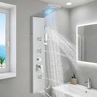 Rozin Duschpaneel mit Armatur LED Wandmontage 5 Funktionen Duscharmatur Komplettset mit Regendusche Massagedüsen Handbrause Wanneneinlauf und Wasserfall Duschkopf Duschsäule Edelstahl Nickel Gebürstet
