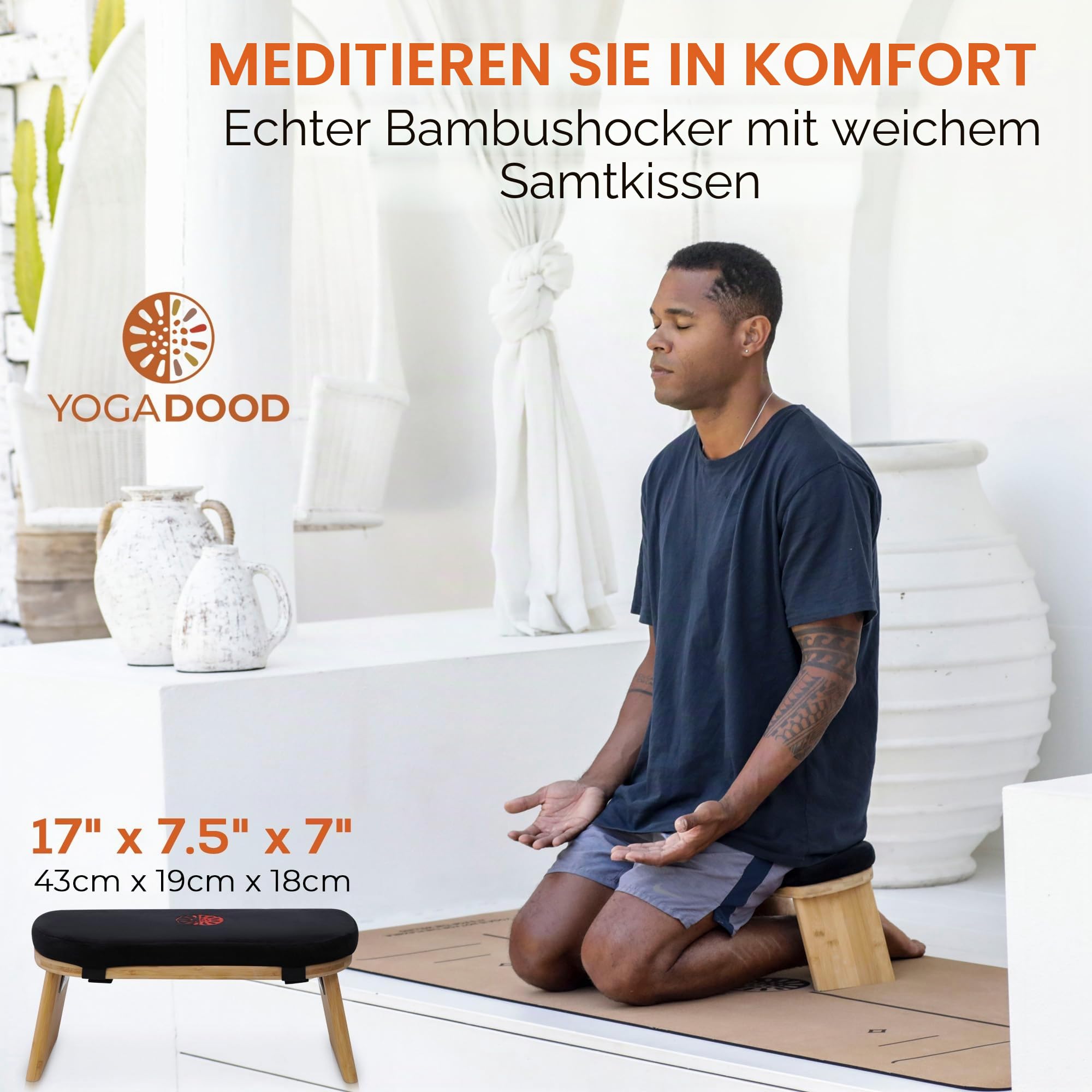 Faltbare Meditationsbank mit Samtkissen & Tragetasche - Bambus Yoga Hocker Seiza Gebetsbank Reise Meditationssitz - Bequemer Kniestuhl für Achtsamkeit Zen Praxis Meditationshocker, YD002