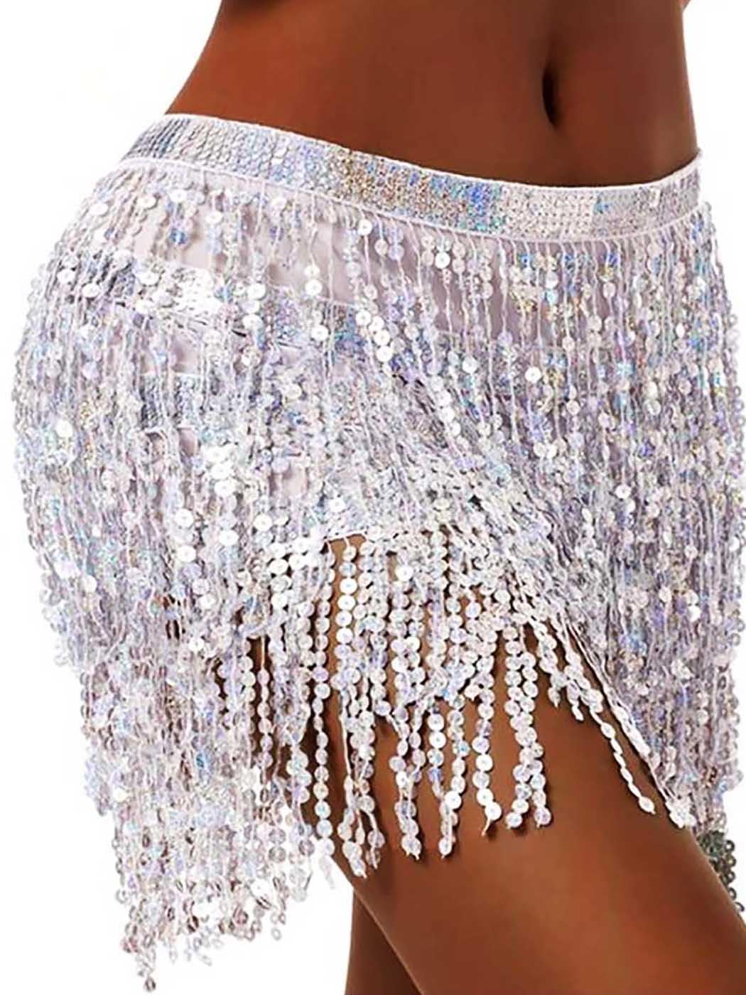 IYOU Jupe à Paillettes et à Glands Foulard de Danse Orientale Baladi Argent Mini Jupe Enveloppante à Franges Tenue de Festival et de Rave pour Femmes et Filles