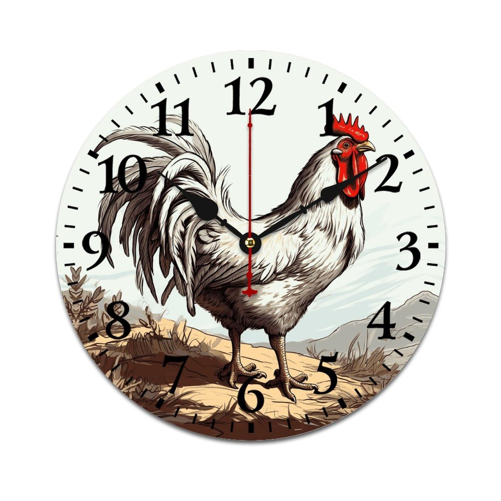 NTVOWPZO 10 Inch Wall Clock Wooden Chicken Sketch Battery Operated Wall Clocks Silent Non-Ticking Square Wall Clock for Living Room Kitchen Home Office Wall Decorative Clocks