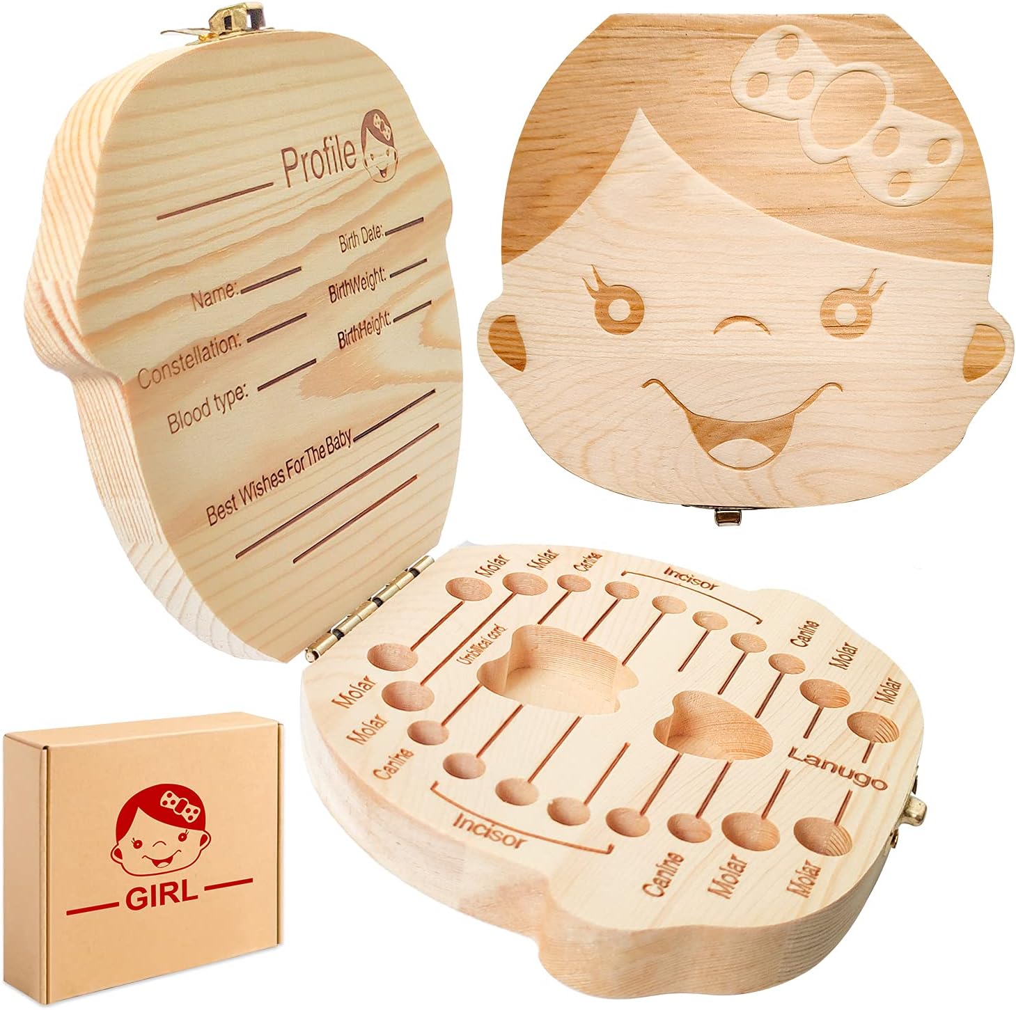 Baby Tooth Box, Kids Keepsake Organizer for Baby Teeth, Wooden Tooth Fairy Box for Boy or Girl to Keep The Wonderful Childhood Memory (Girl)