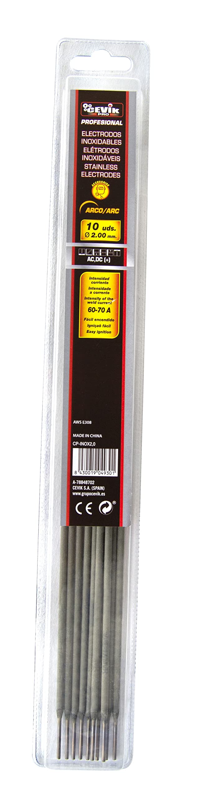 Cevik PRO - Stainless Electrodes 2mm - Pack 10 Units - MMA Welding - AWS E308 - Stainless Steel - High Corrosion Resistance - Stable Arc - Welding Electrode Accessories