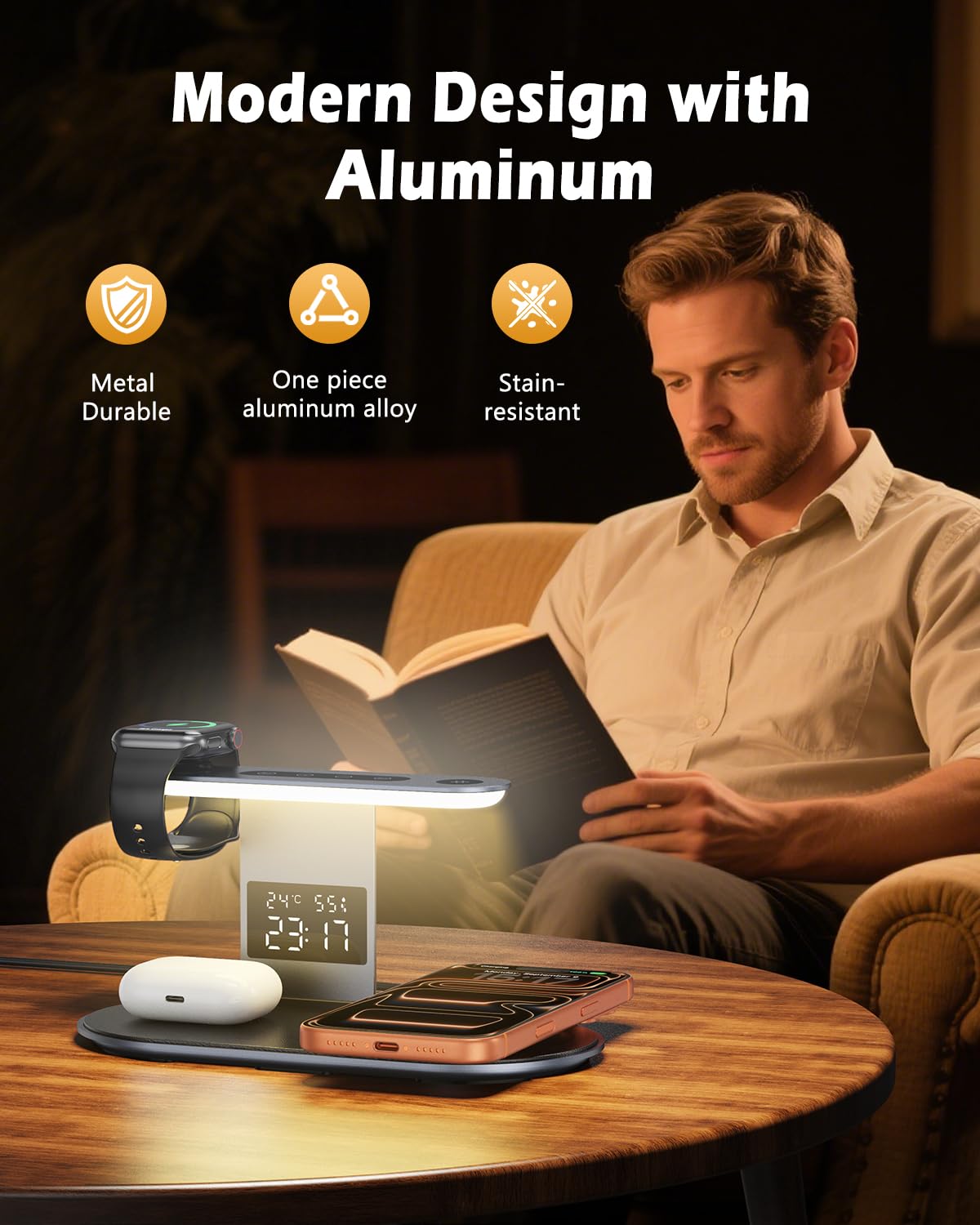 Stazione di ricarica wireless 3 in 1, supporto per caricabatterie rapido con adattatore QC 3.0, luce notturna a 3 livelli per smartphone, auricolari, smartwatch