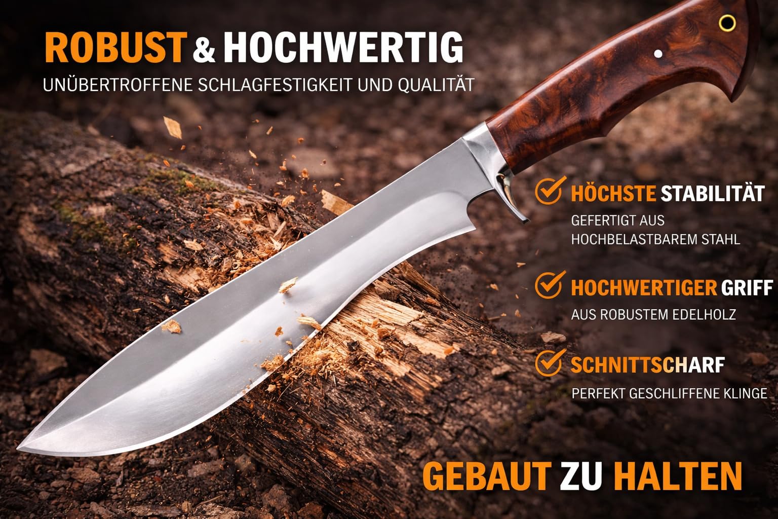 Handmade hunting knife, 26 cm blade made of real Damascus steel, rosewood handle, 39 cm overall length, real leather sheath. (Bowie-3)