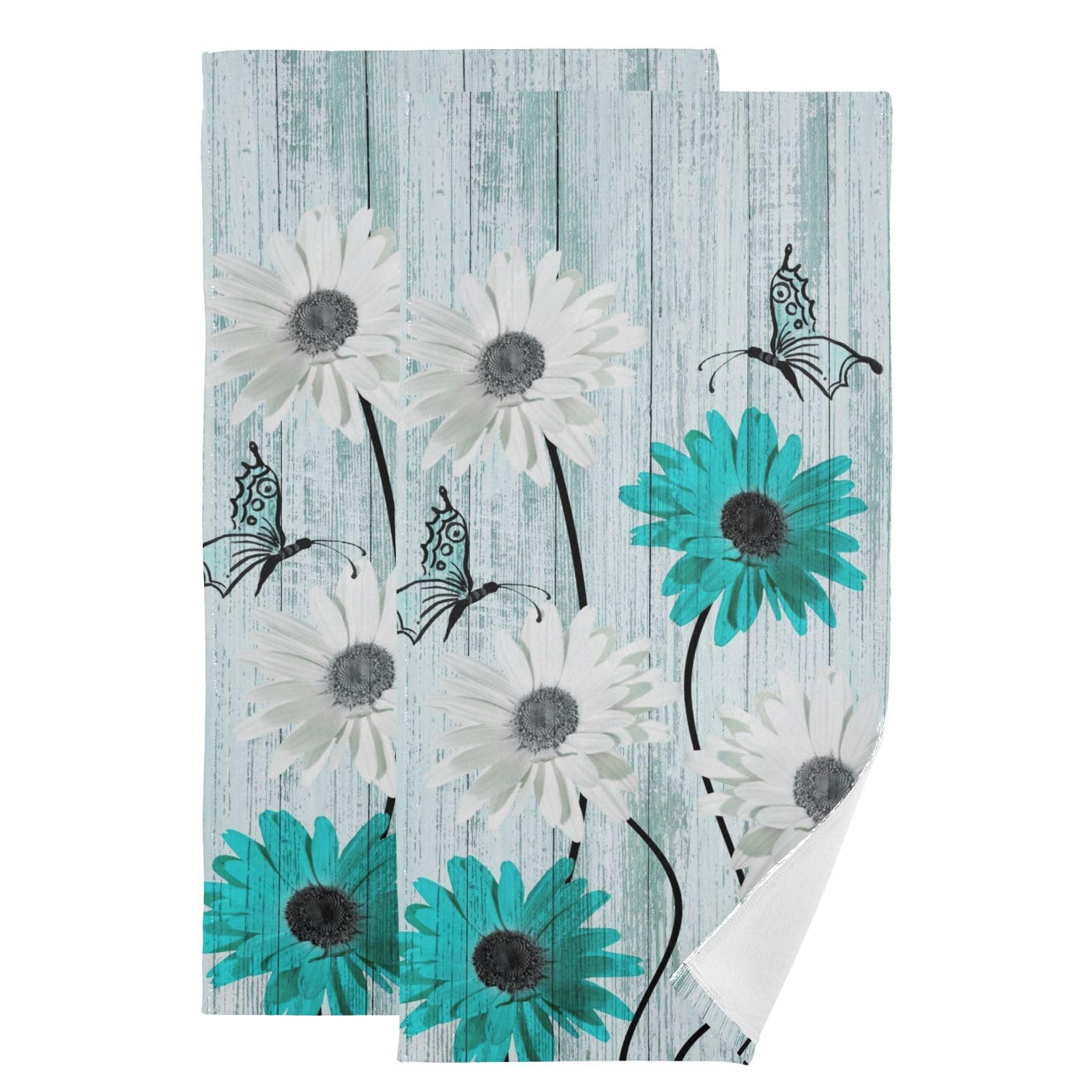 YDTBRUF Teal Flowers Bathroom Hand Towels Set of 2 Turquoise Floral Bath Towels White Daisy Fingertip Towel Vintage Butterfly Wash Cloths Soft