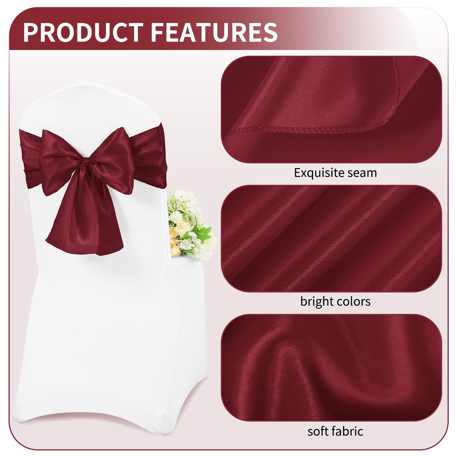 Teruntrue Lot de 60 nœuds universels en satin pour housse de chaise Bordeaux 17 x 200 cm