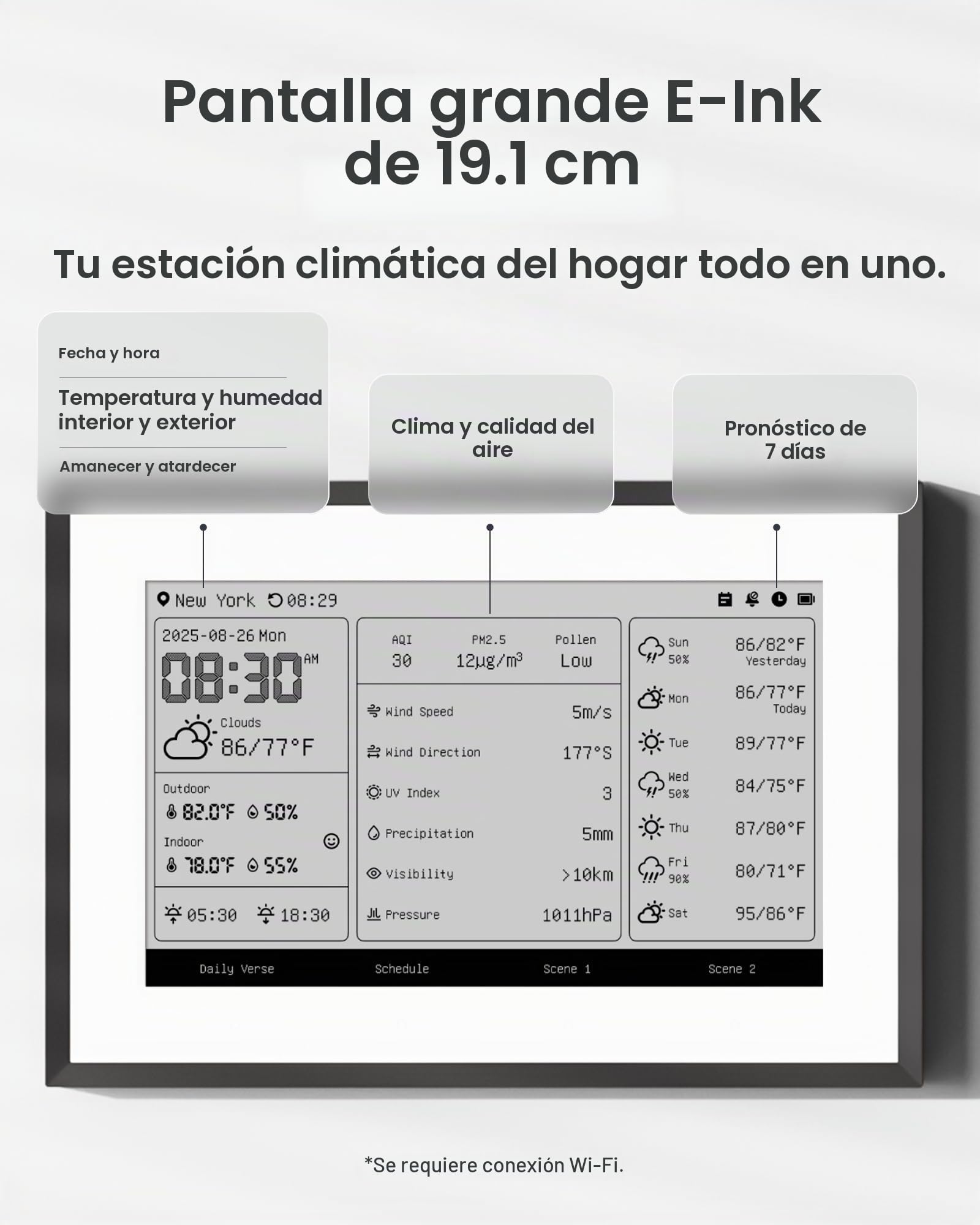 SwitchBot Panel doméstico inteligente E-Ink, monitor de temperatura y humedad interior y exterior de 7,5" con calendario digital, Wi-Fi 2,4GHz y BLE, compatible con Google/iCloud/Outlook (Standard)