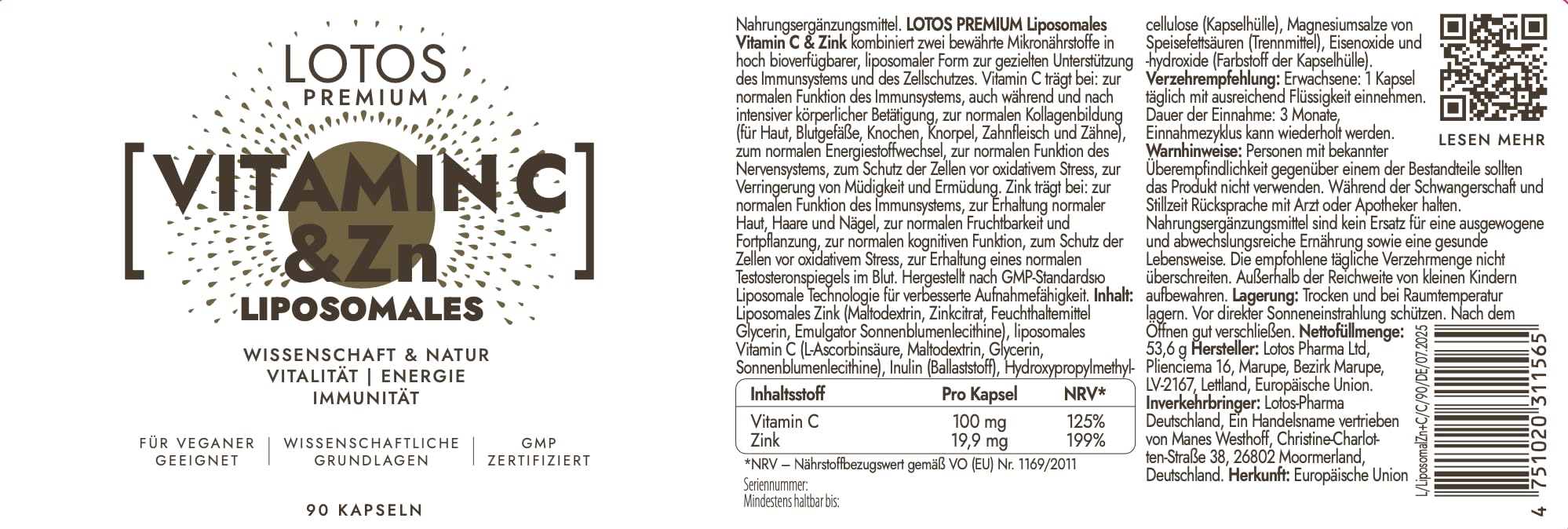 Vitamin C mit Zink - Für Immunsystem & Zellschutz - Liposomale Technologie garantiert volle Vitaminaufnahme - 90 Kapseln 3er-Pack - Vegan, Hochdosiert - GMP Qualität - Keine Zusatzstoffe