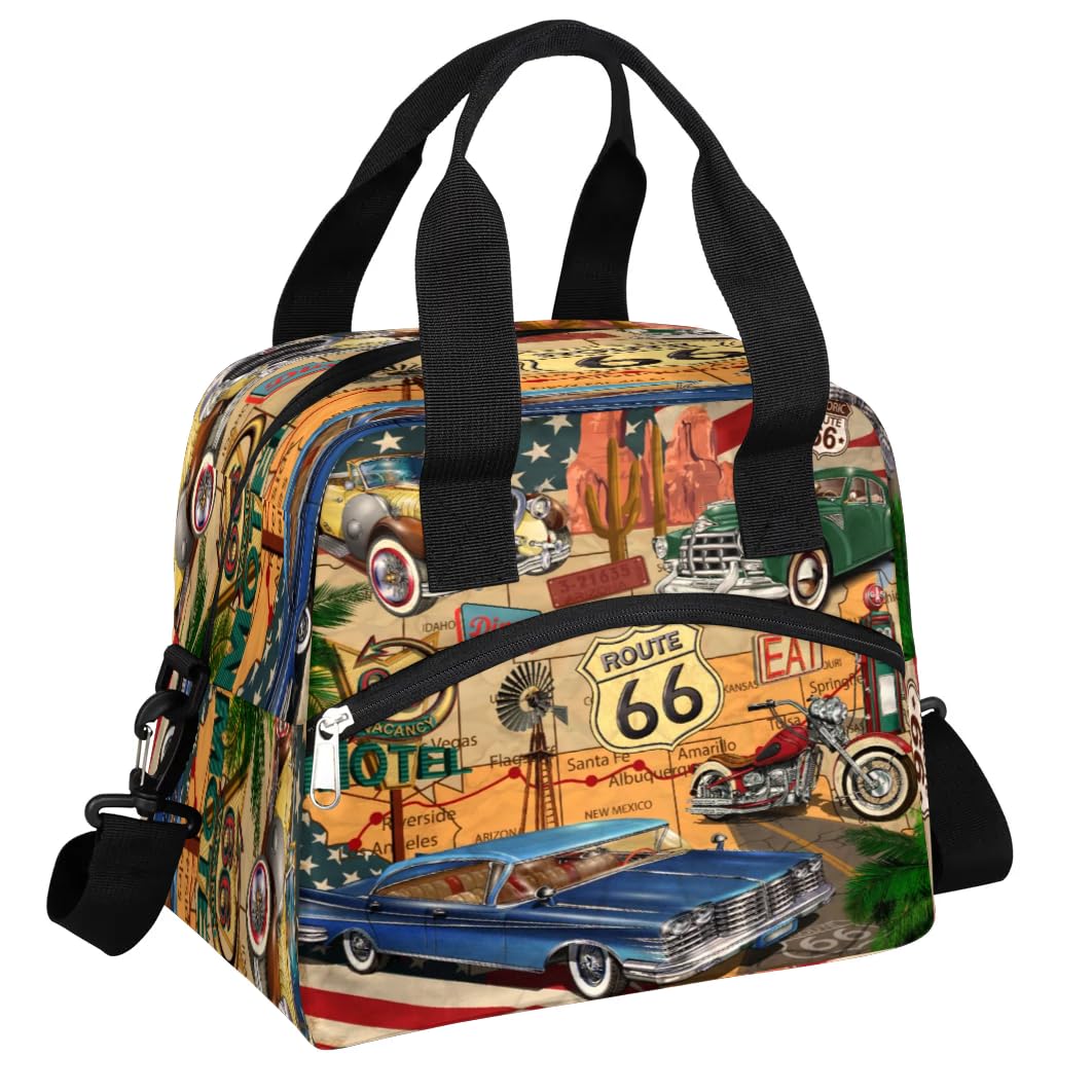 TKBXAEG Route 66 Vintage Cars Insulated Lunch Bag for Women Men Reusable Waterproof Lunch Box Cooler Tote Bag One shoulder portable meal bag Portable