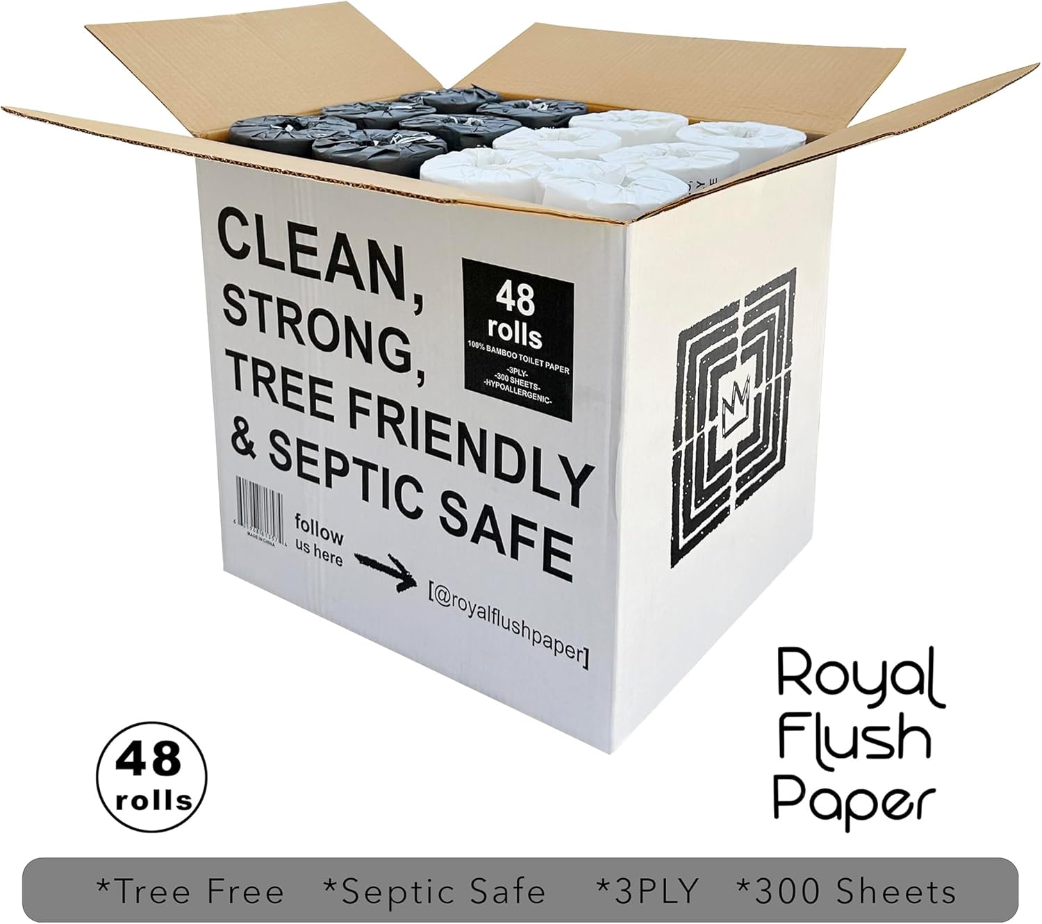 100% Bamboo Toilet Paper - 48 Roll Box of Sustainable, Septic Safe Eco Friendly Toilet Paper, 3ply, 300 sheets, Tree free, Chlorine Free, Plastic Free, FSC Certified