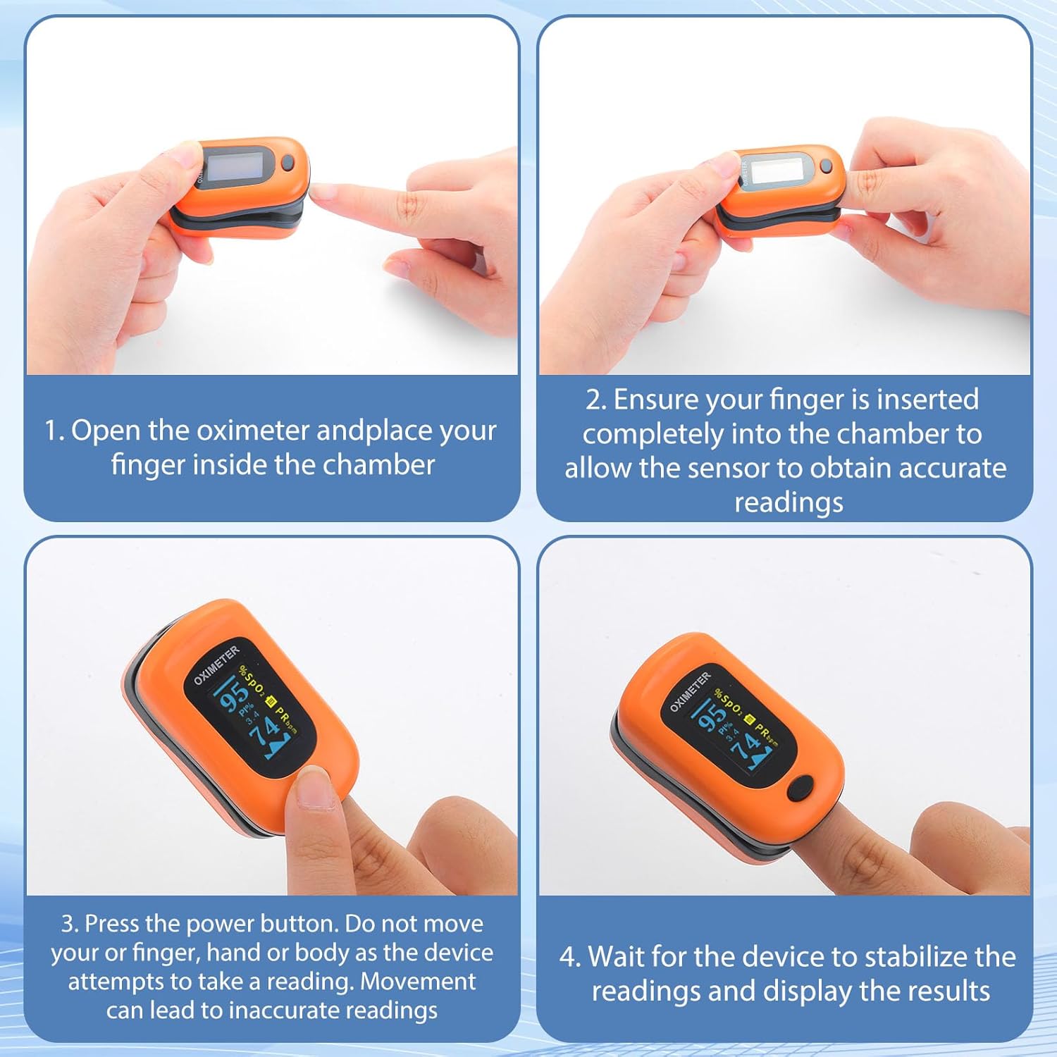 Four-step guide on how to use the INHALATOR YM201 Finger Pulse Oximeter