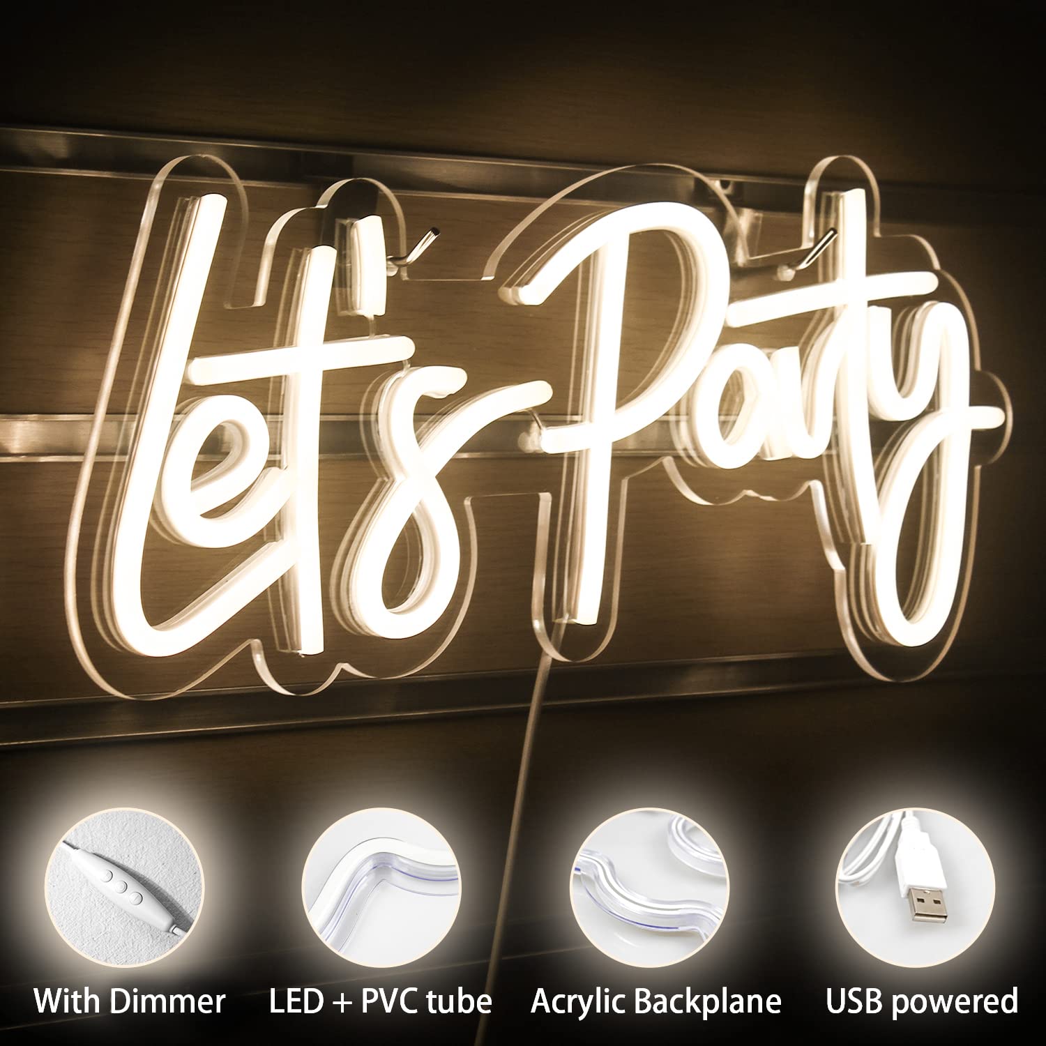 Lets Party Neon Sign Led Dimmable Décoration au néon pour fête anniversaire murale