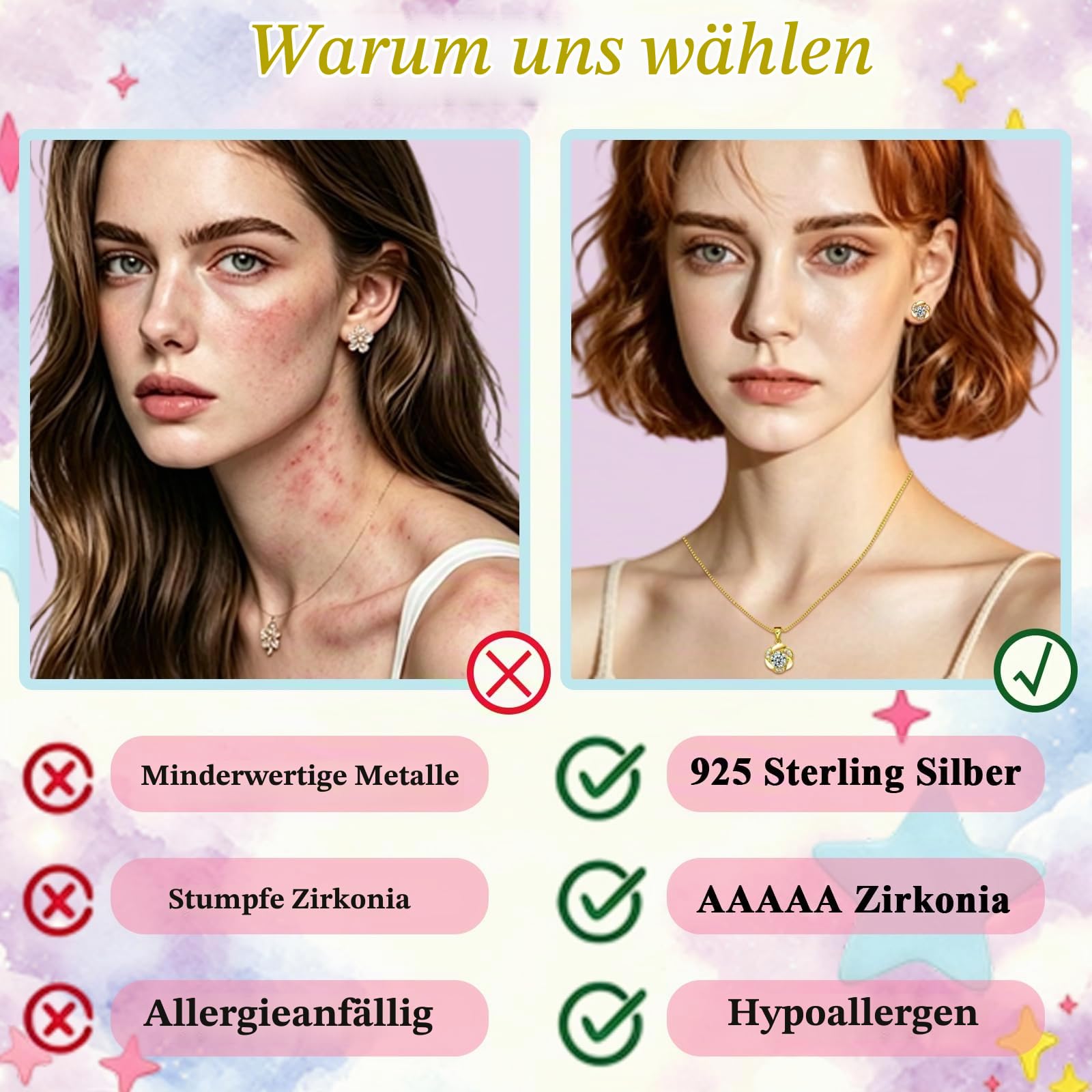 Schmuckset Silber 925, Silber Schmuck Set Damen zum Geburtstag | Blumen Halskette & Ohrstecker mit Weiß Zirkonia, Halskette mit Blumen Anhänger & Ohrstecker in Geschenkbox, Hypoallergen