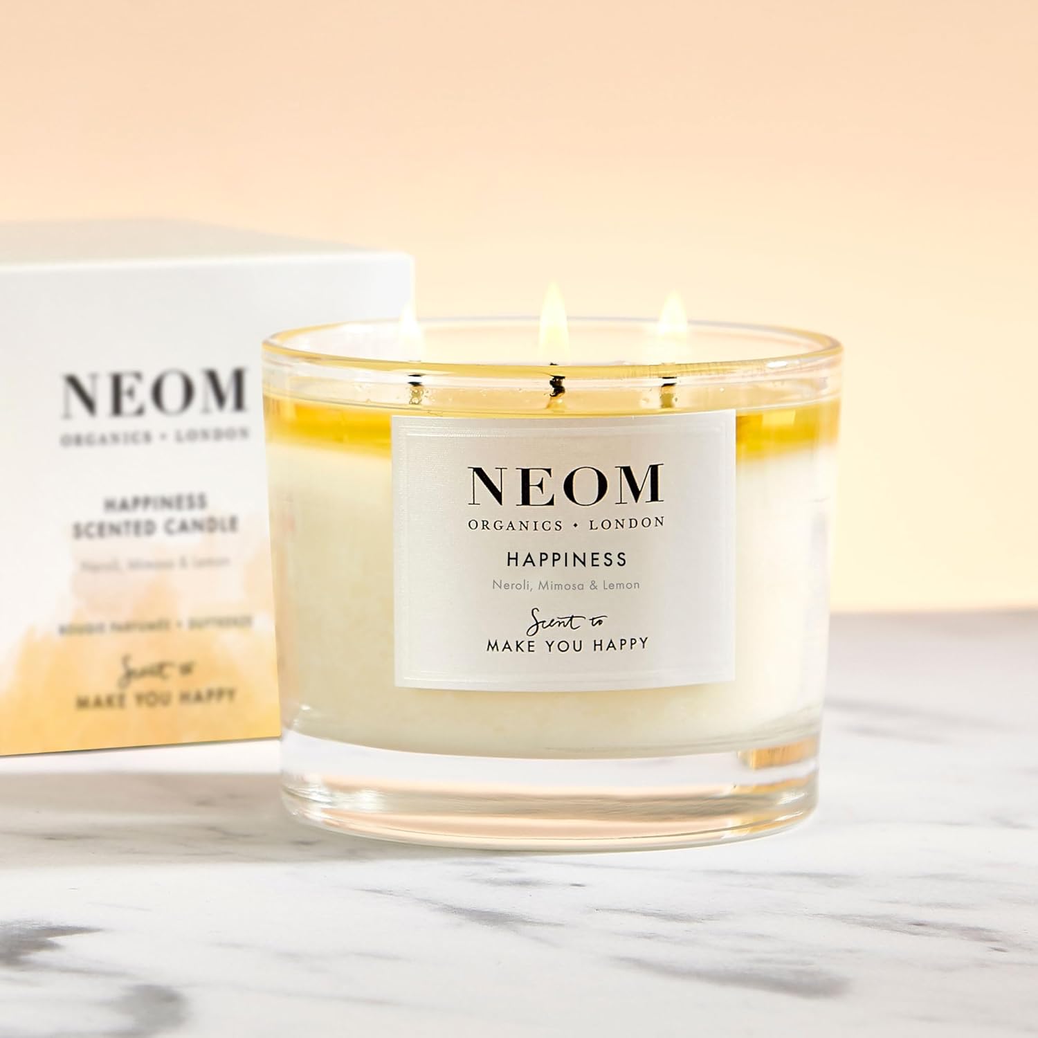 NEOM- Happiness Scented Candle, 3 Wick | Essential Oil Aromatherapy Candle | Neroli, Mimosa & Lemon | Scent to Make You Happy - Image 2