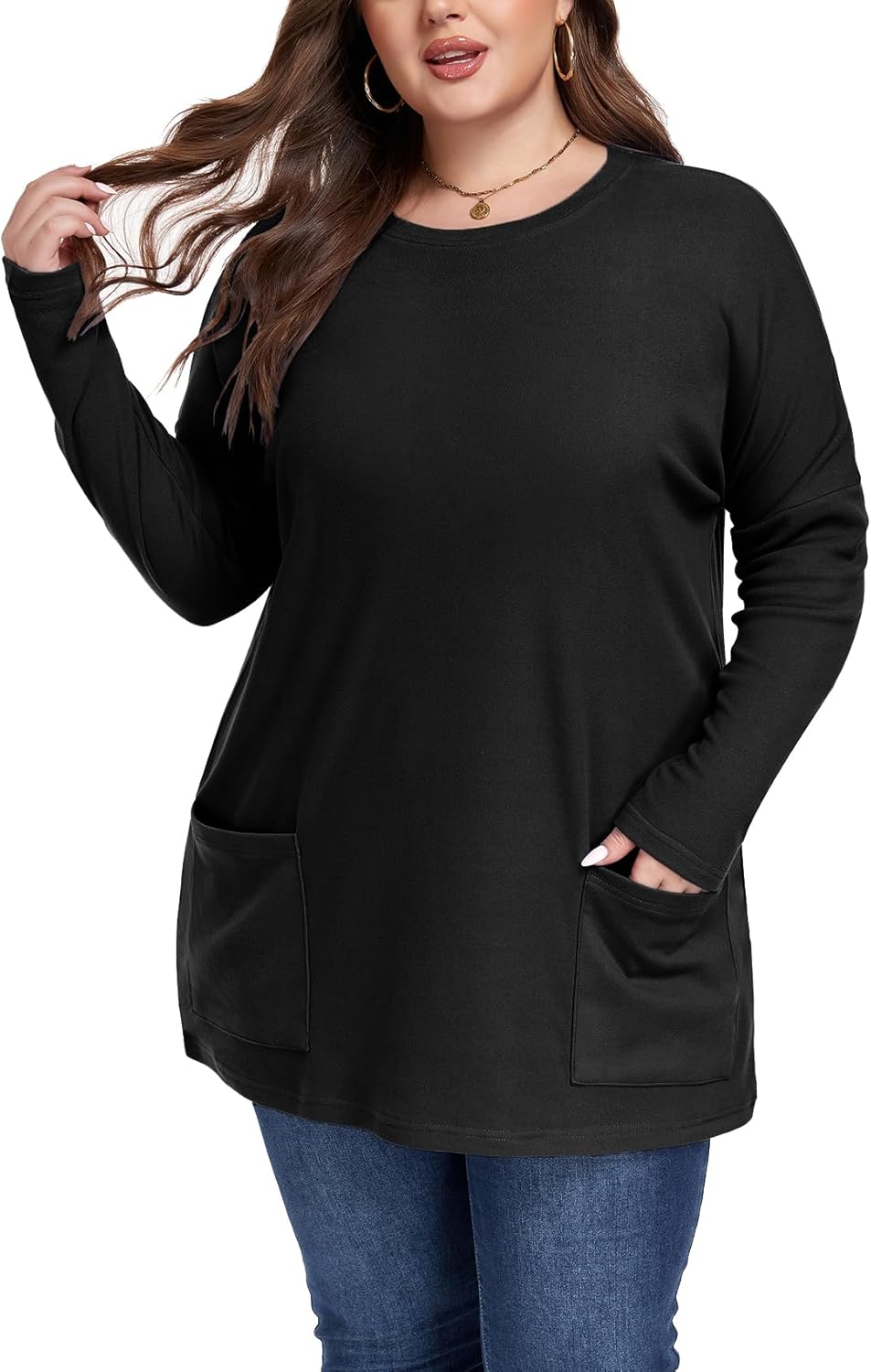 Plus Size Womens Long Sleeve Tops Crewneck Lightweight Sweatshirt Loose Casual Oversized T Shirts with Pockets - Image 4