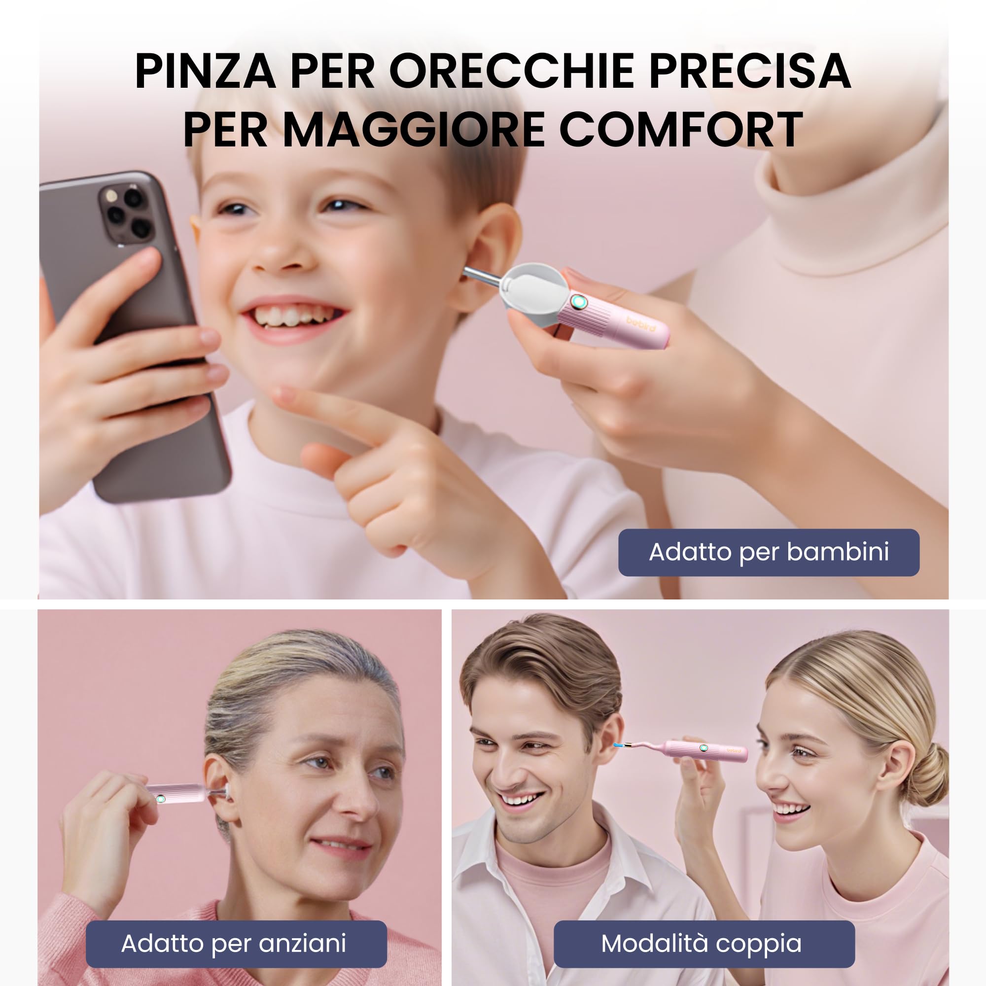 Bebird Pro Earsight Plus Otoscope, nettoyeur d'oreilles HD 1920p avec caméra, lumière, étui portable, rose