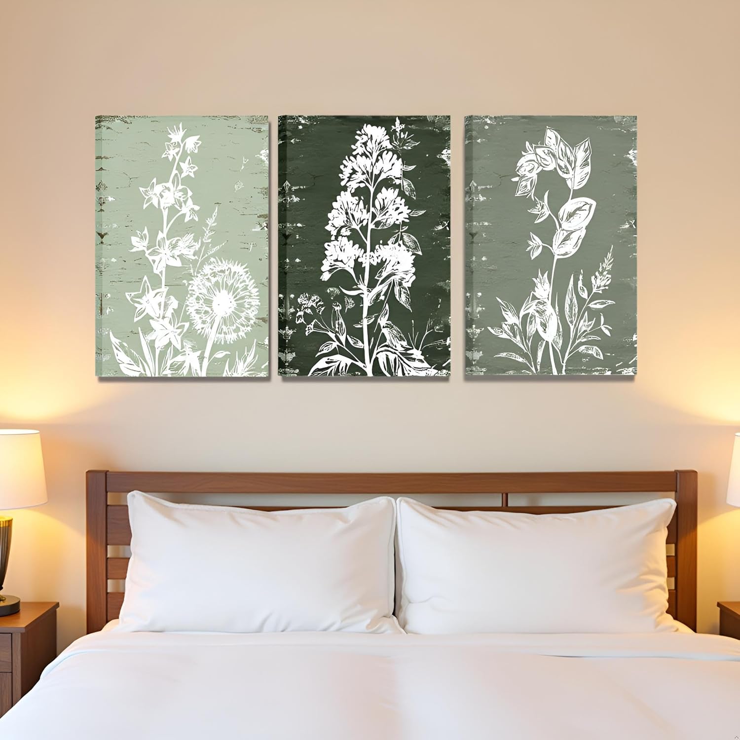 RnnJoile Boho Botanical Prints Sage Green Floral Canvas Picture Wall Art for Bathroom Decor Framed 16x24 inches each