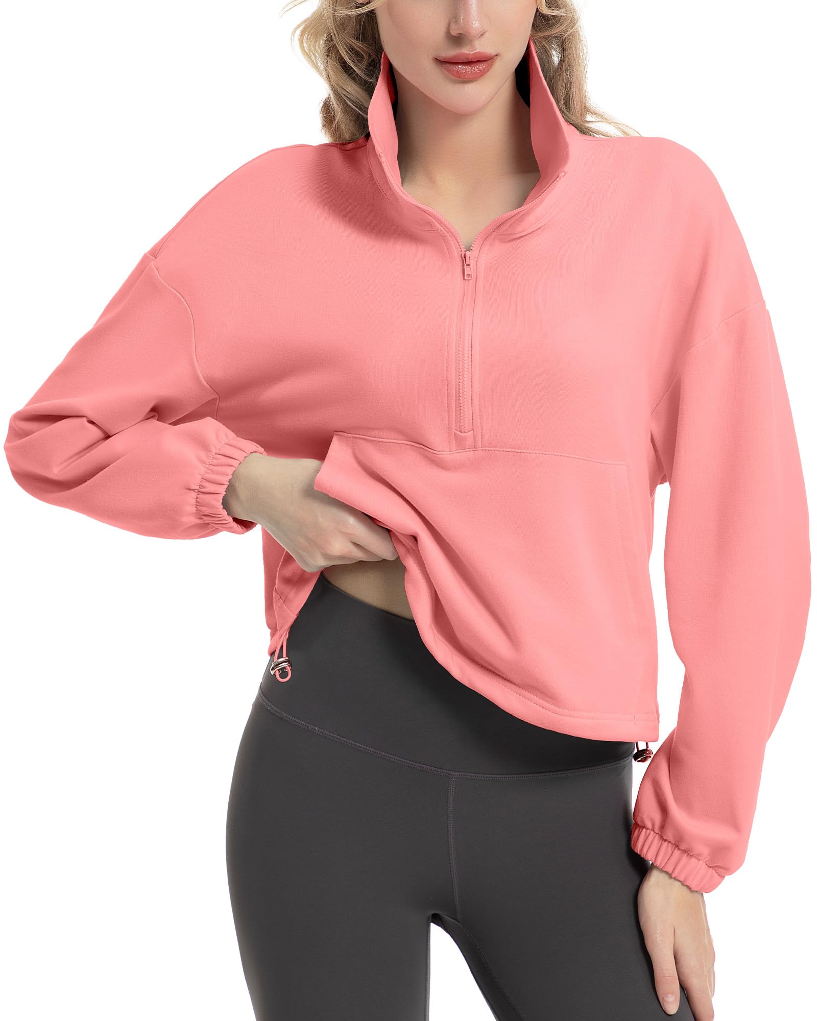 FKEEP Quarter Zip Pullover Women Cropped Sweatshirt Long Sleeve Crop Top Stand Collar Drawstring Casual Pullover XL 