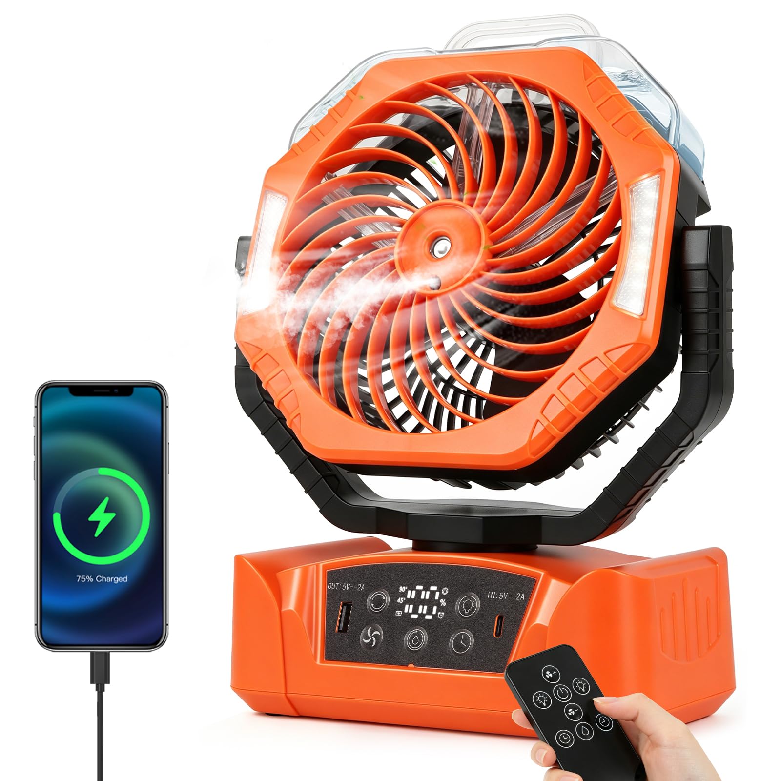 JONRRYIN Ventilatore da Campeggio 20000mAh, Ventilatore Ricaricabile con Nebulizzazione USB, Ventilatore da Tavolo con 6 Modalità Luce, 6 Velocità, Rotazione 270°, per Camper e Tenda