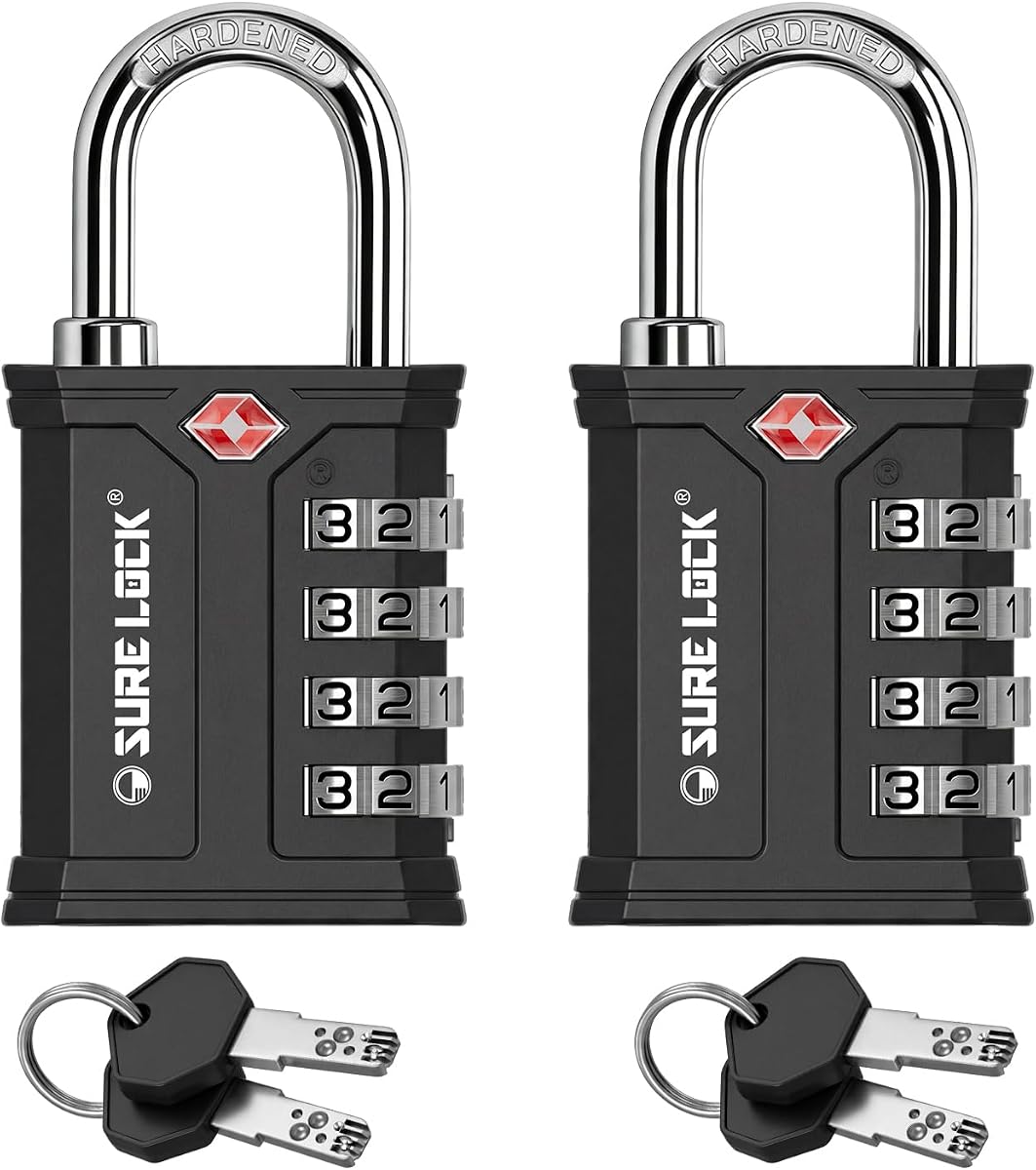 SURE LOCK TSA Approved Combination Lock with Key, Heavy Duty Security Padlock for Gun Cases, Pelican Cases, Tool Boxes, Gym Lockers, Storage Units & Outdoor Gates (Black 2 Pack)