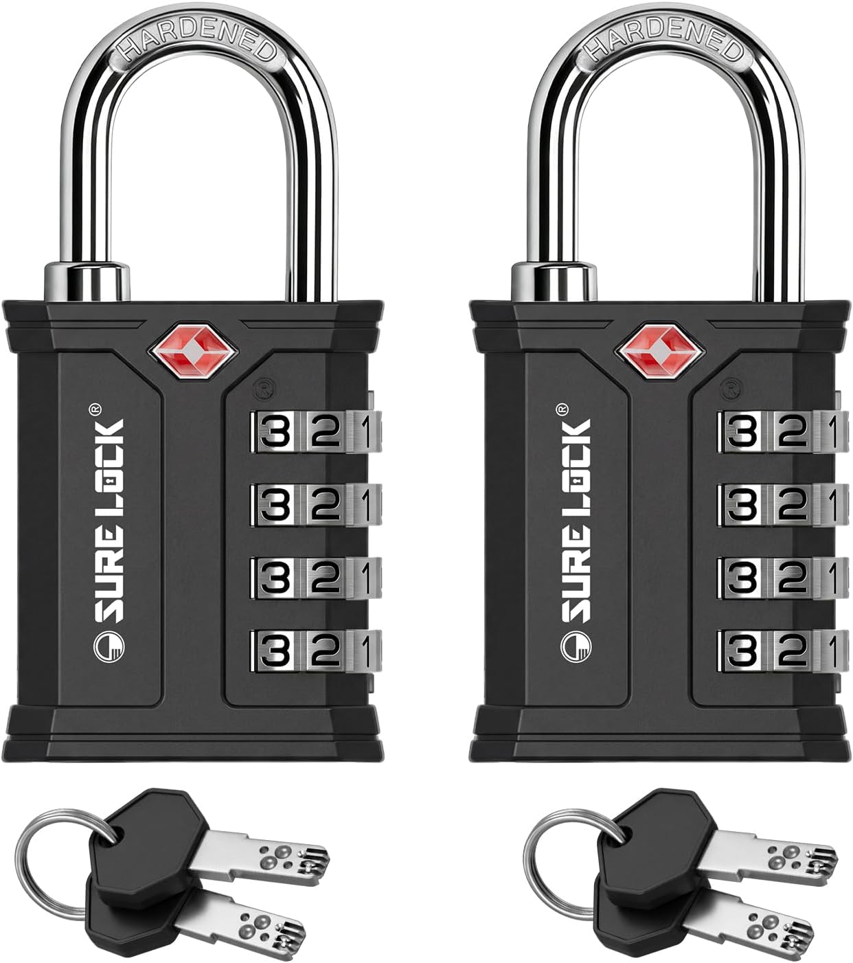 SURE LOCK TSA Accepted 4 Dig Heavy Duty Big Combination Luggage Padlock All Metal Travel Lock for Equipment Hard Case Luggage Gun Case Gym Locker Pelican Vault Lock (2, BLK-Dual-Opening: Combo or Key)