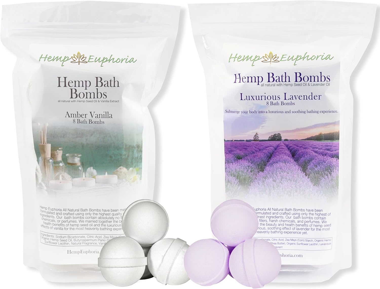 Hemp Bath Bombs, Amber Vanilla & Lavender with Hemp Seed Oil, 16 Count