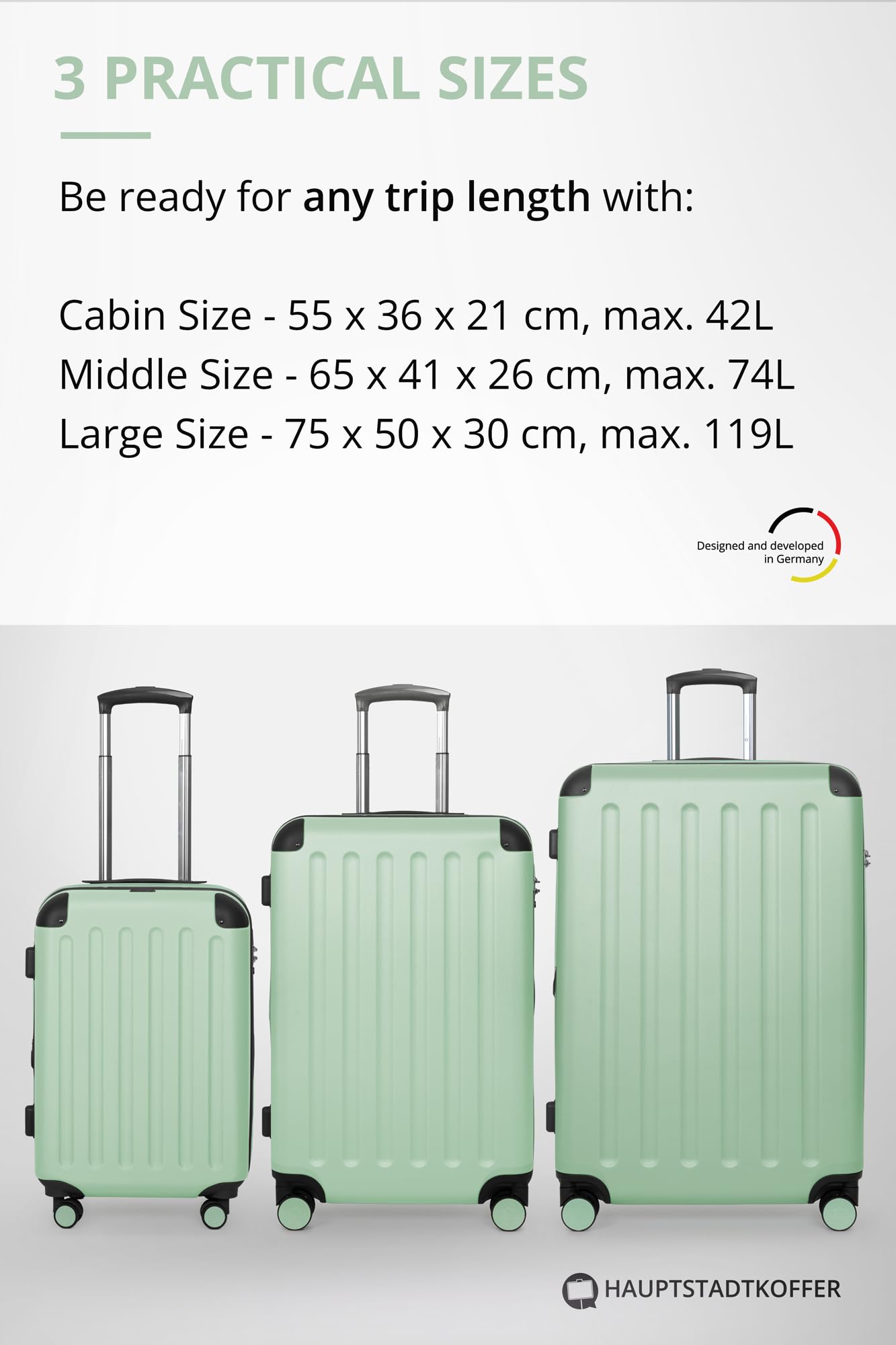 HAUPTSTADTKOFFER - Spree - Maleta rígida giratoria, Trolley expansible, ABS, TSA, 65 cm, 82 L, Menta