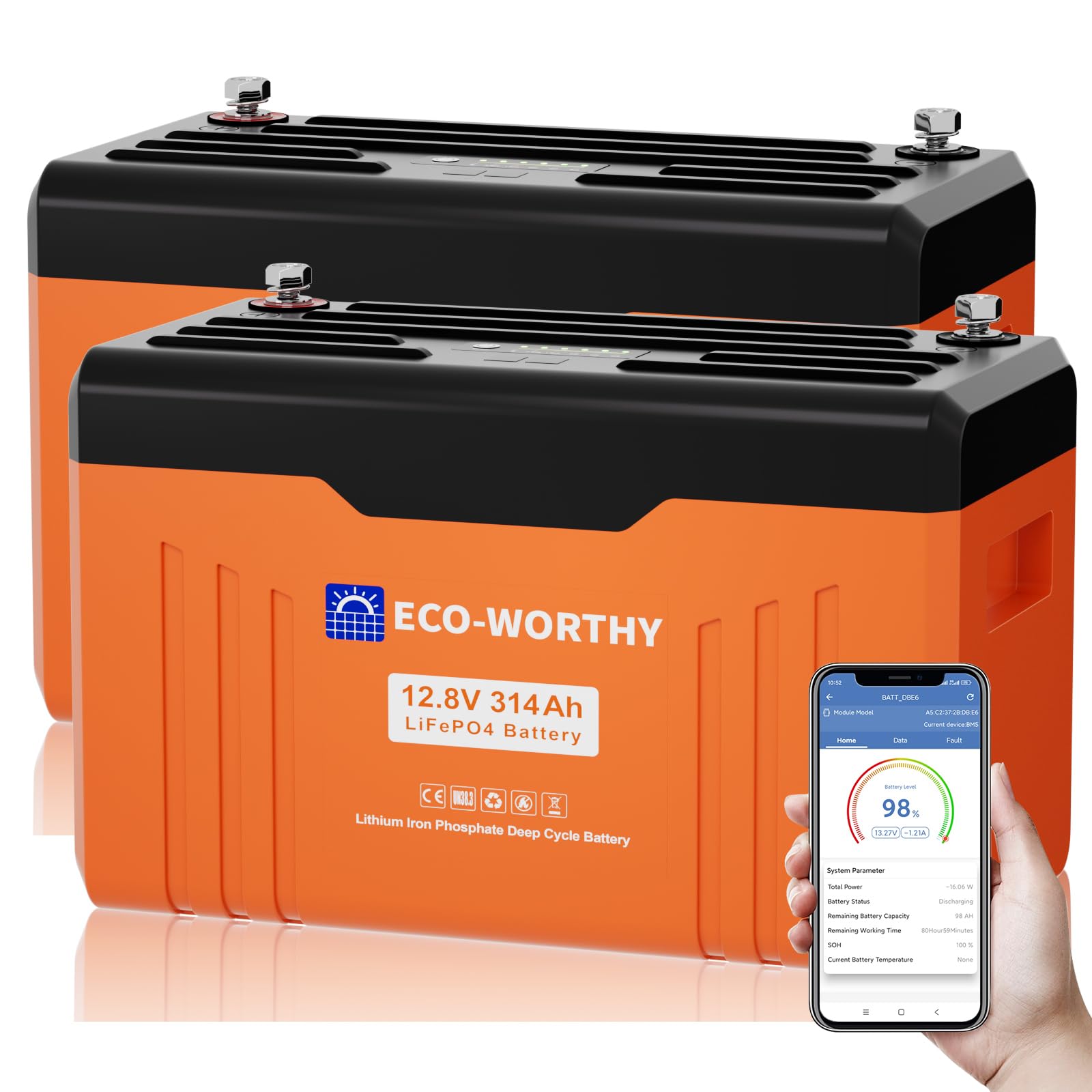ECO-WORTHY LiFePO4 Bluetooth 2 * 12 V 314 Ah EnergyTrek z wyświetlaczem, litowa bateria z BMS 200 A, ochrona przed niską temperaturą i maksymalnie 15 000 cykli, 8038 Wh, LiFePO4 12 V do pojazdów