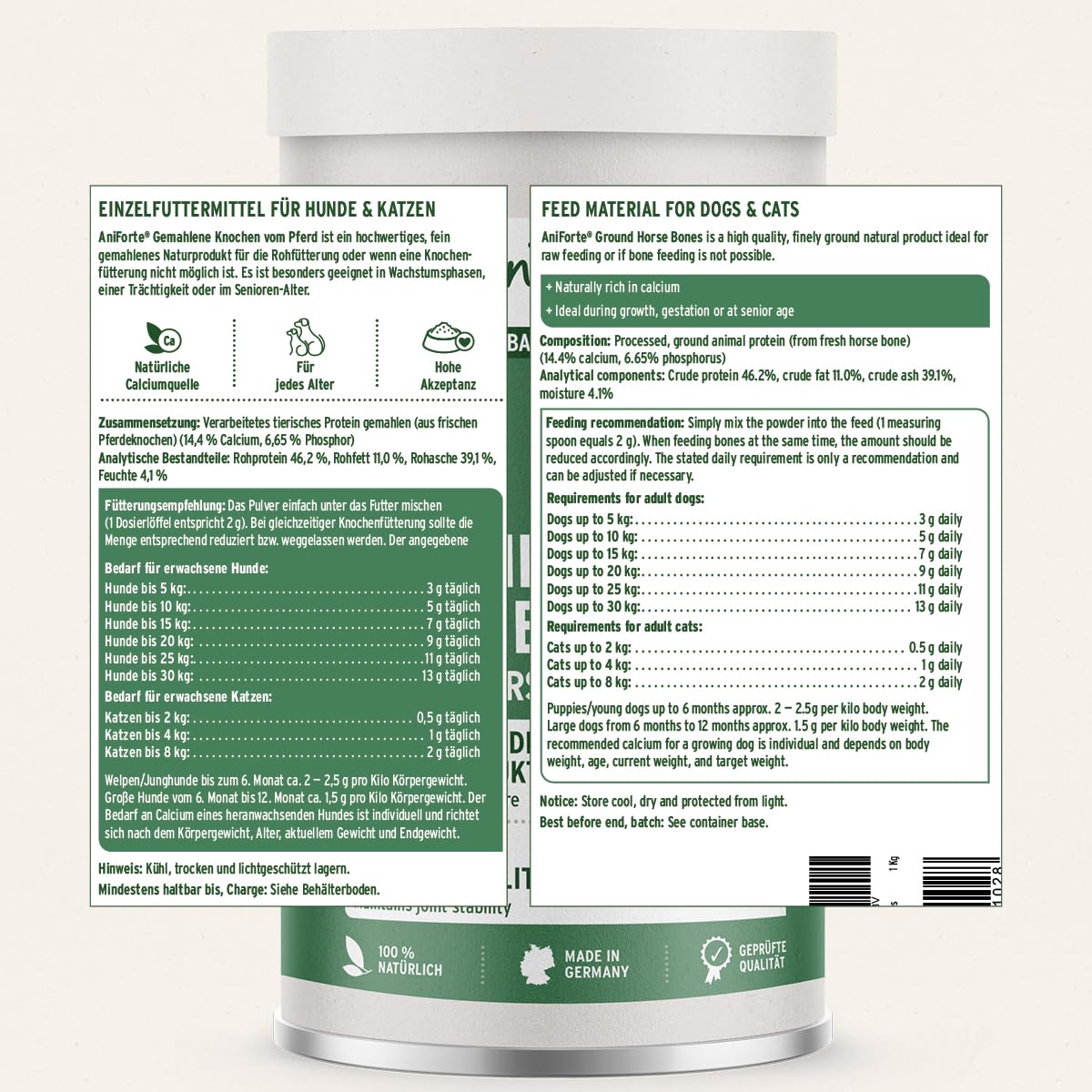 AniForte Os moulus de cheval pour chiens et chats 1 kg – Calcium naturel pour la construction osseuse et les articulations, farine d'os pure comme complément alimentaire et barf