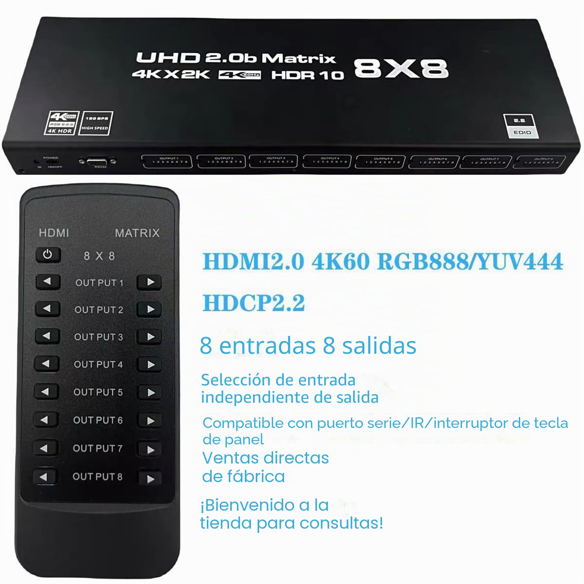 HDMI2.0 HD Digital 8X8 Matrix, 4K/60HZ/1080P144HZ, 8X8 Switcher Splitter RS232 IR Control remoto para monitor PC a TV