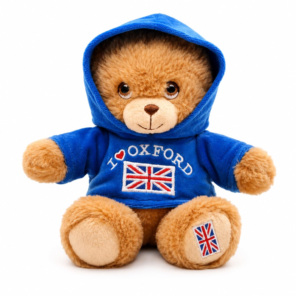 JRose Collections Oxford Souvenir Teddy Bear Plush Soft Toy with Blue Hoodie and Union Jack Embroidery, Collectible British Keepsake Gift, 18 x 16 cm