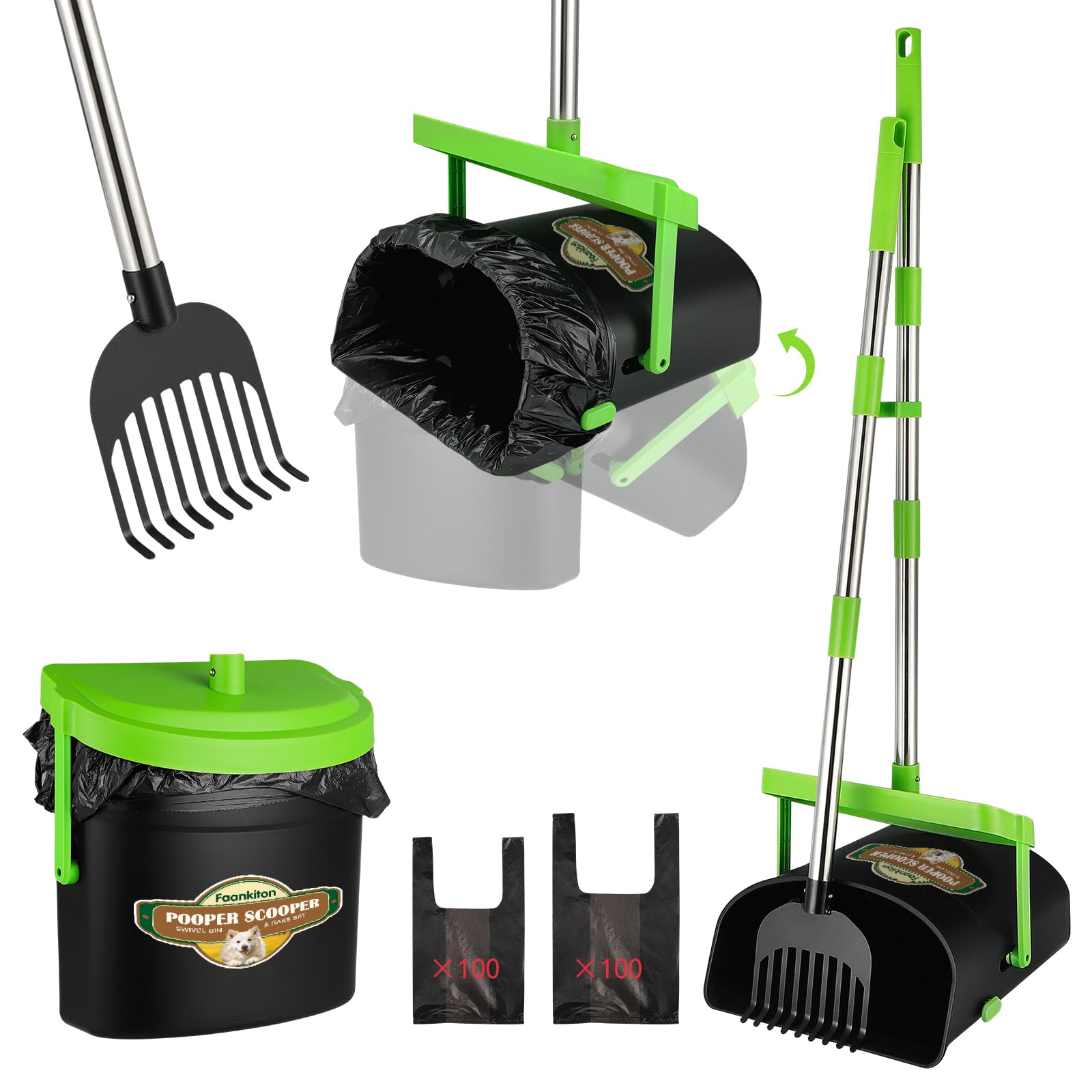 Faankiton Dog Pooper Scooper Swivel Bin & Rake Kit with 200 Waste Bags, Dog Poop Picker, Adjustable Pooper Scooper for Dogs with 85cm Handle, Dog Waste Set for Yard, Grass, Dirt or Gravel (Pale Green)