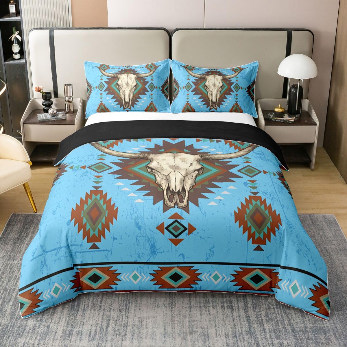 Housse de couette 240x260 bleu clair marron aztèque tribal