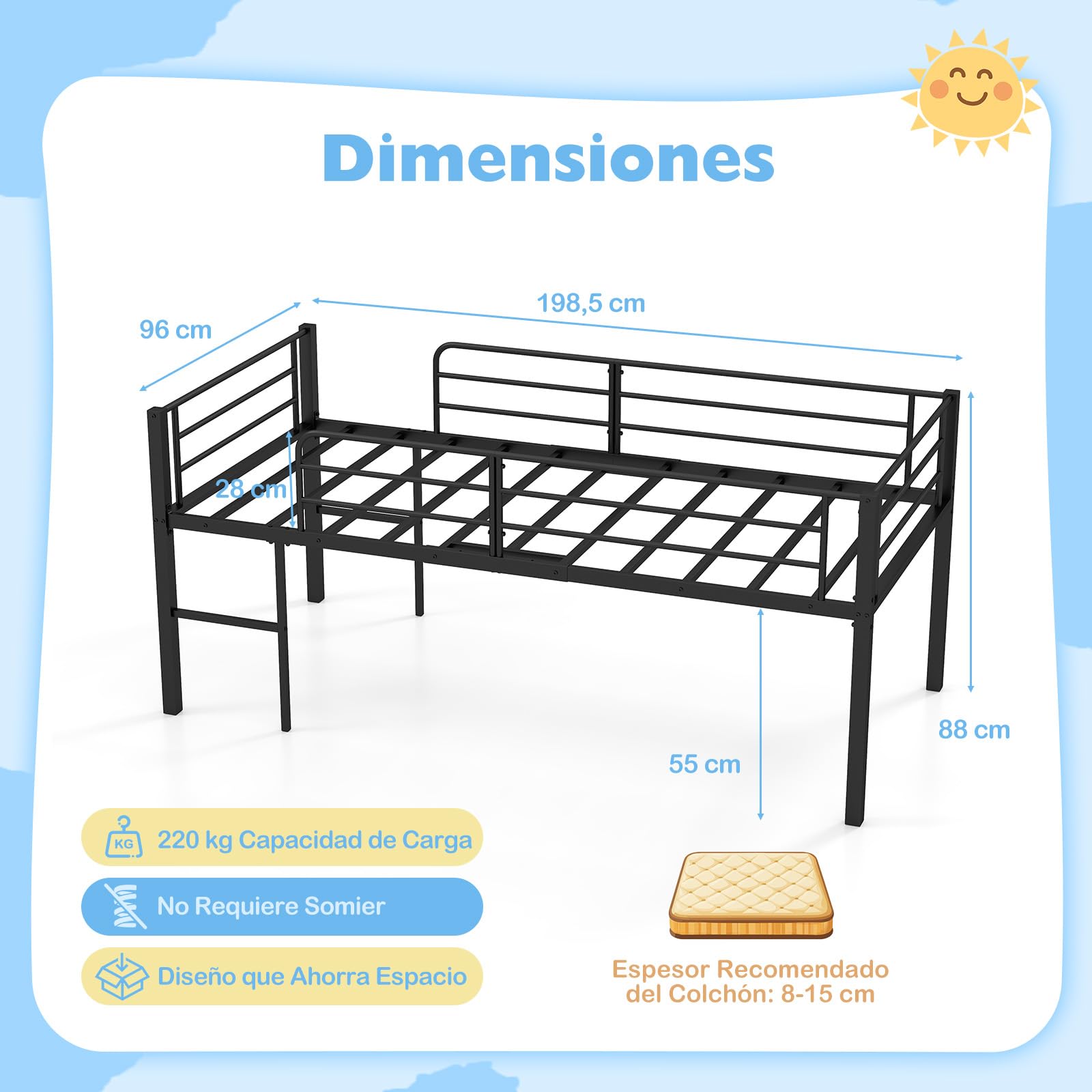 COSTWAY Cama Individual Somier, Estructura Metálica con Barandillas de Seguridad y 2 Escaleras, Listones Metálicos Resistentes para Cama Altillo para Niños, Jóvenes, 198,5 x 96 x 88 cm (Negro)