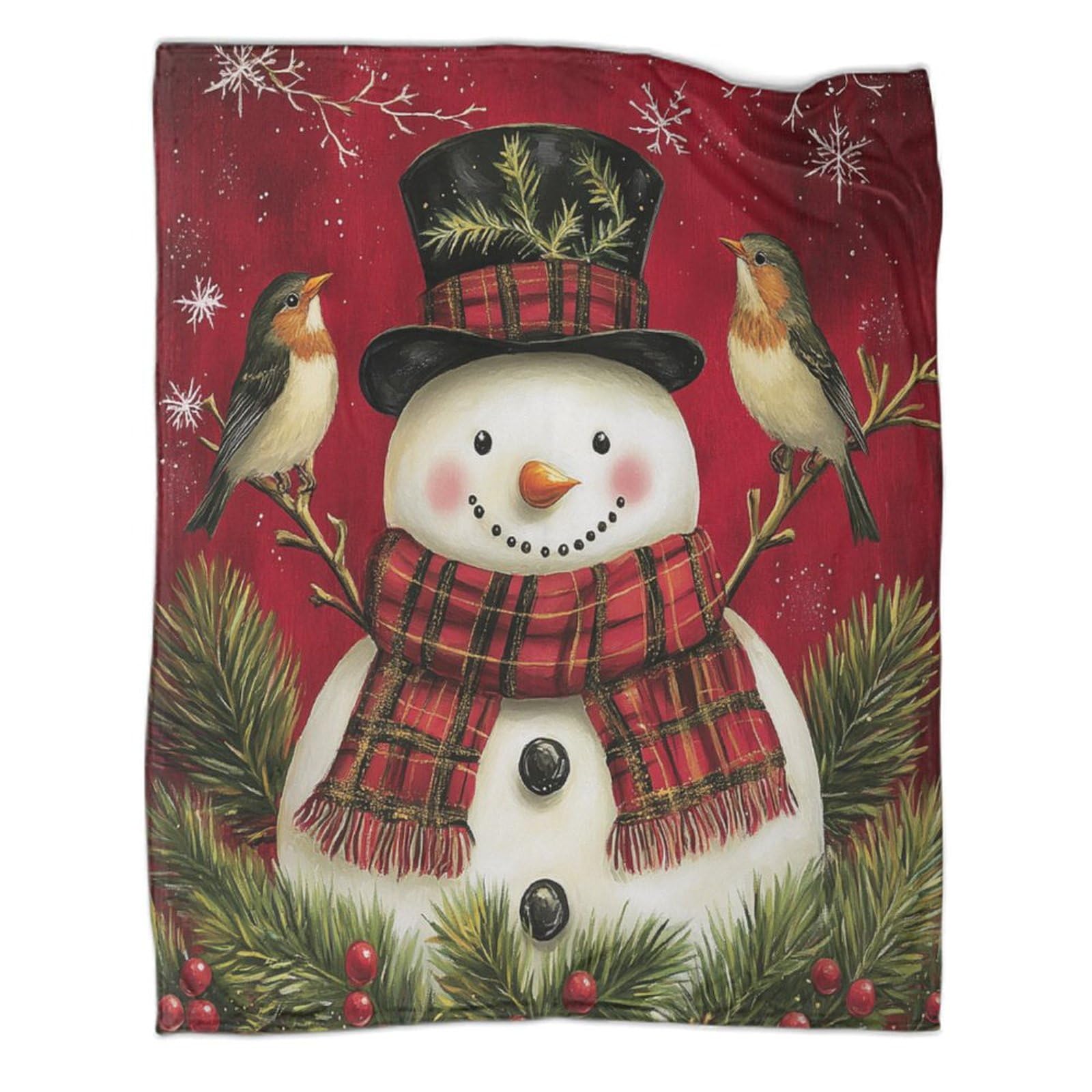 Couverture polaire 180x200cm plaid bonhomme de neige en flanelle douce pour lit et canapé