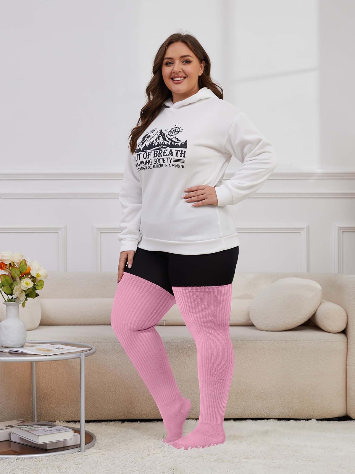 Moon Wood Plus Size Thigh High Socks for Thick Thighs- Womens Knit Cotton Extra Long Over the Knee High Socks Leg Warmer: One Size Plus Pink