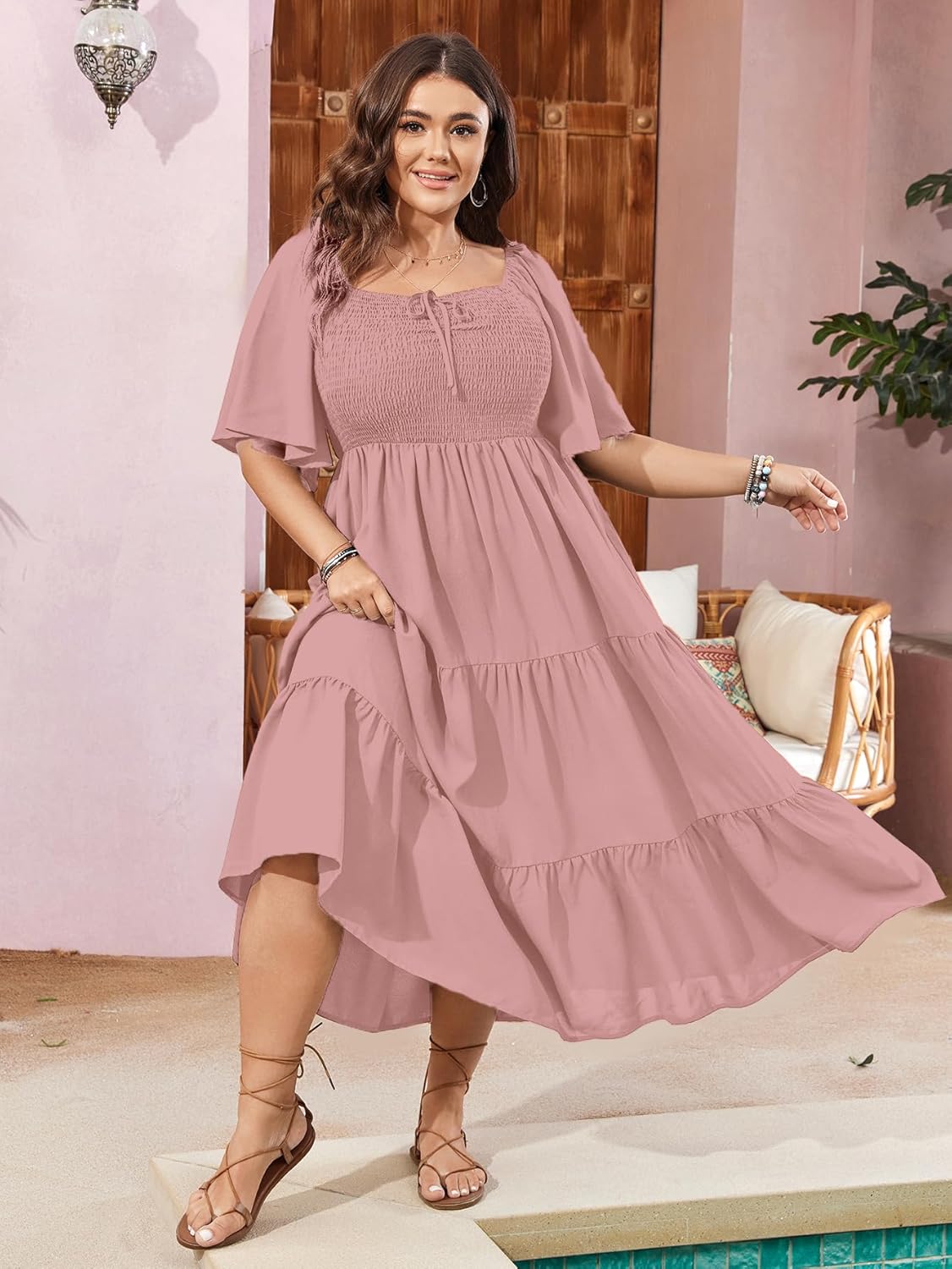 SCOMCHIC Women's Plus Size Flowy Maxi Dress Flutter Short Sleeve Boho Dress Square Neck Smocked Formal Dresses for Women - Image 4