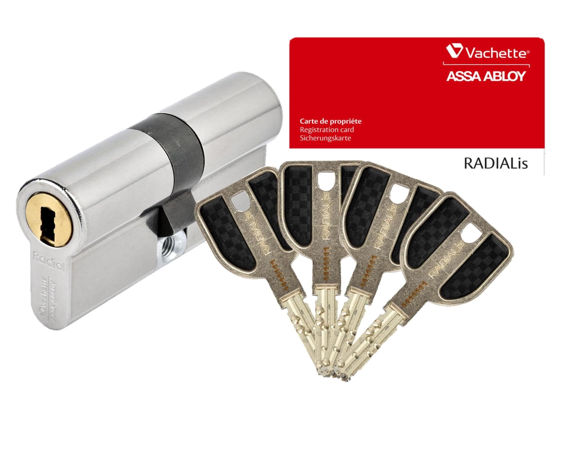 Vachette RADIALis - Cylindre de Serrure 42,​5x42,​5 mm Inox, Sécurité Maximale, pour Porte extérieure, porte d'entrée - 4 Clés Incopiables, Carte de Propriété