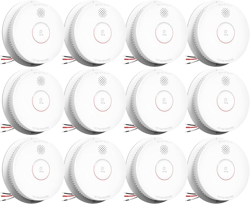 SITERWELL Detector de humo, detector de humo interconectado con cable, alarma de humo fotoeléctrica con batería de respaldo de 9 V, alarma de incendio con botón de prueba/silencio, certificación UL217-10, GS562A, 12 paquetes