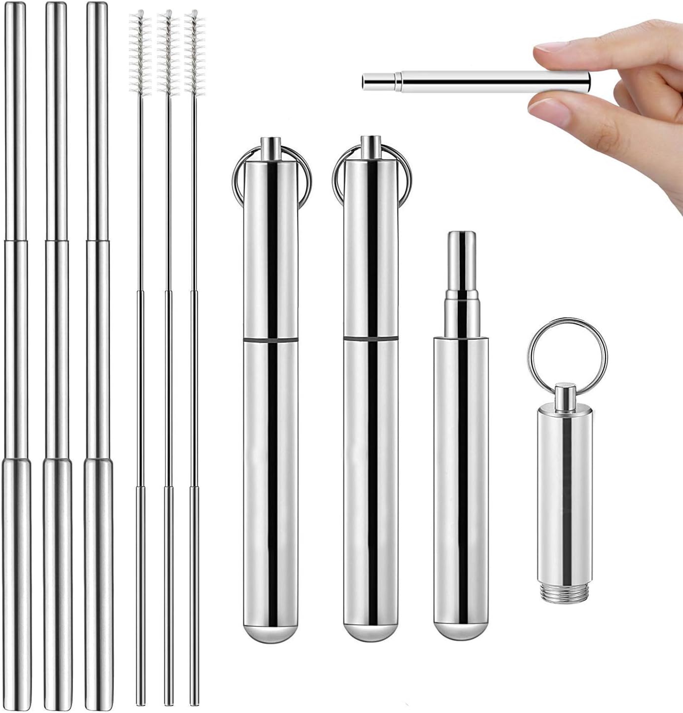 3 PACK - Collapsible Reusable Stainless Straw, Folding Drinking Straw Stainless Steel, Portable Straw for travel,Foldable Drinking Straw with Hard Case Cleaning Brush (Black/Blue/Pink)