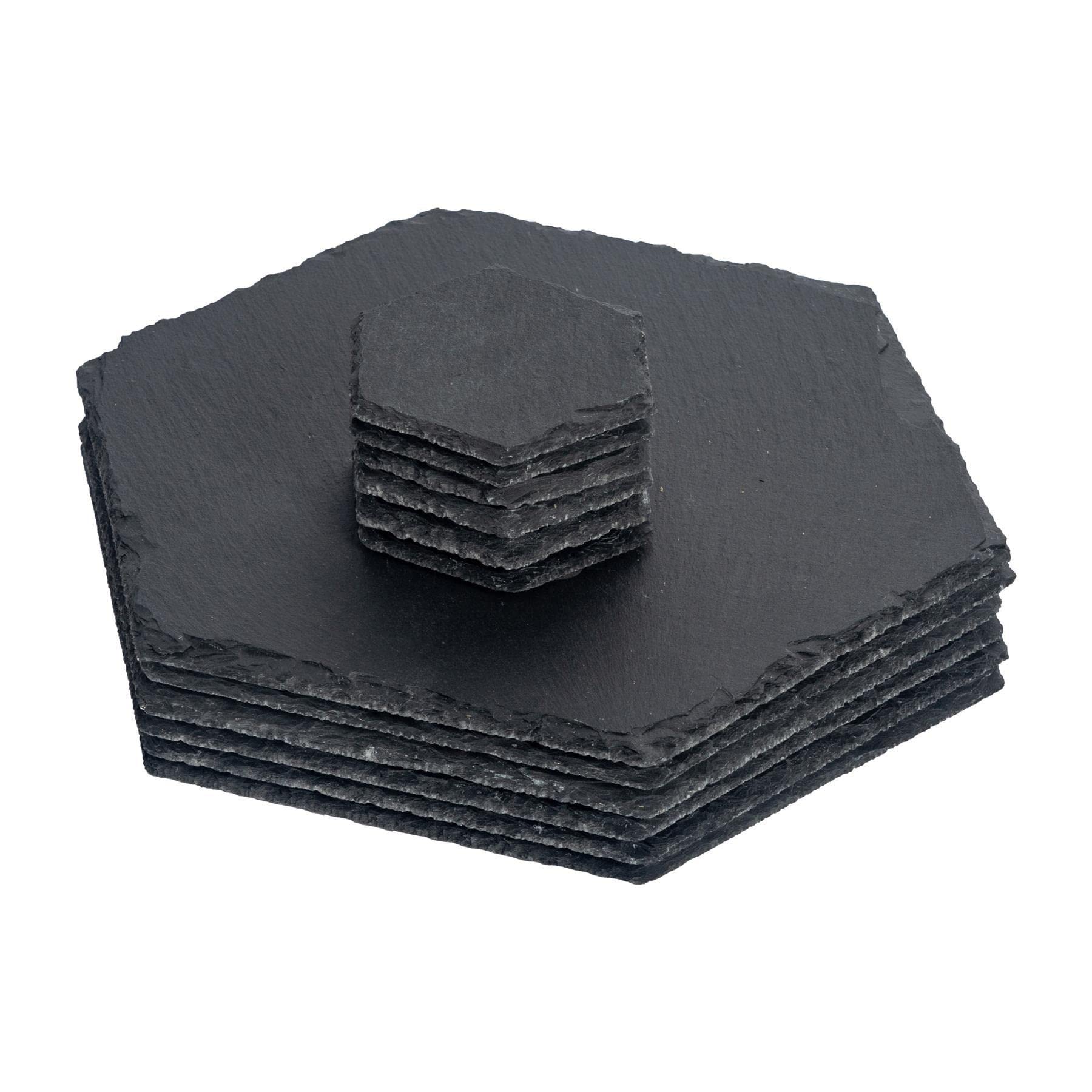 Argon Tableware Black 12 Piece Hexagon Slate Placemats & Coasters Set - Natural Stone Dinnerware Plate Placemats Drink Mats For Kitchen, Home, Bar, Restaurant, Weddings, Events