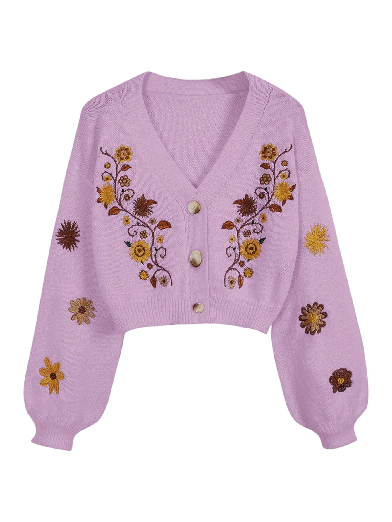 GORGLITTER Women's V Neck Floral Embroidered Cardigan Sweaters Lantern Sleeve Button Down Cropped Cardigan