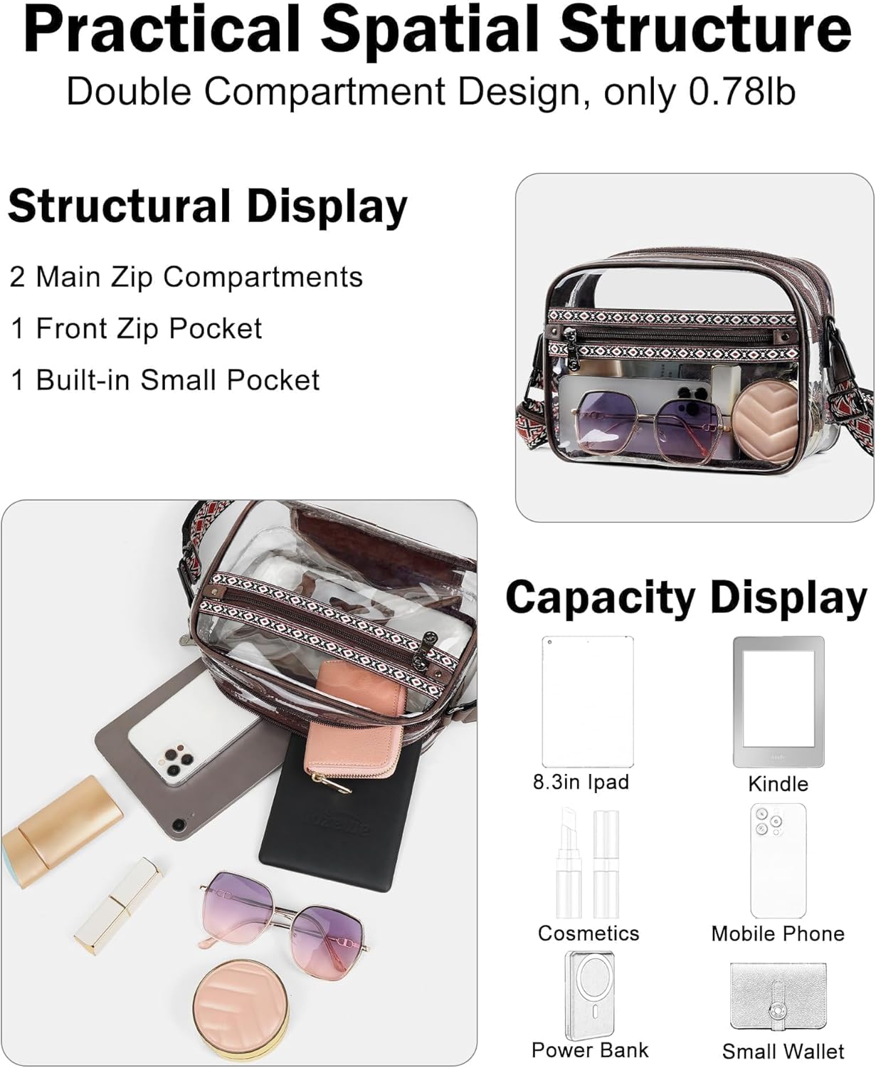 FADEON Clear Stadium Bags for Women, Designer Leather Clear Crossbody Purse Large Transparent Bag with Wide Strap for Events - Image 4