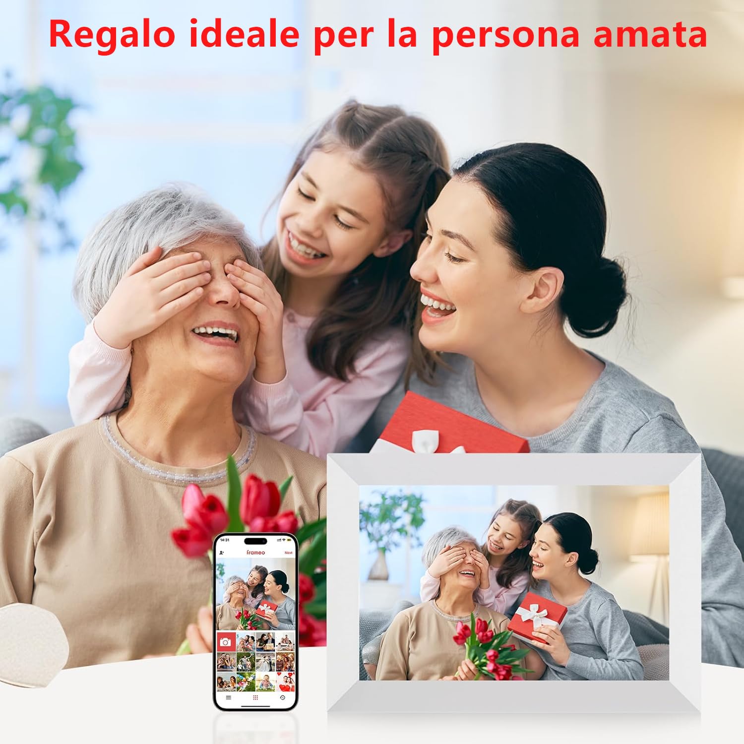 FRAMEO 32GB Cornice Digitale 10,1 Pollici WiFi, Schermo Touch IPS HD 1280x800, Presentazioni, Meteo, Teamperature, Tempo, Rotazione Automatica, Condivisione Istantanea delle Foto (Bianco)