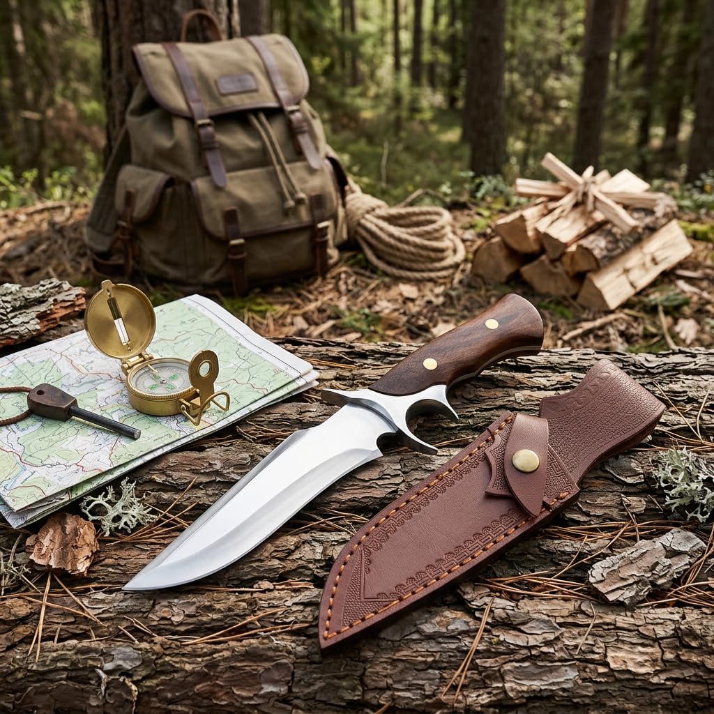 Outdoor Fahrtenmesser Feststehend - Profi Jagdmesser Scharf aus 440C Edelstahl mit Echtholz-Griff & Lederscheide - Full-Tang Survivalmesser für Camping, Bushcraft & Wandern - Geschenk für Männer